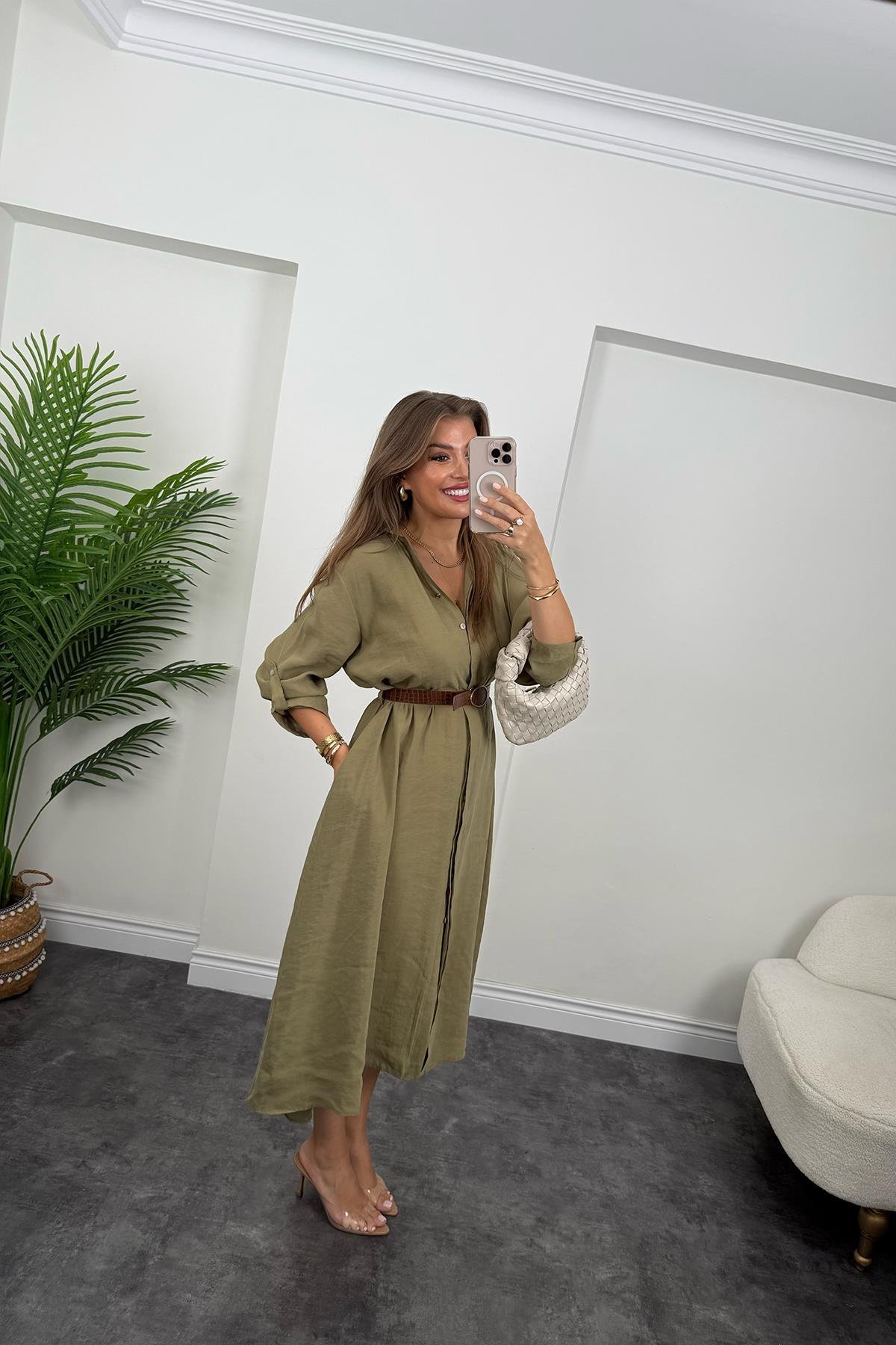 Premium Seri Tensel Kumaş Kemerli Salaş Gömlek Elbise Haki