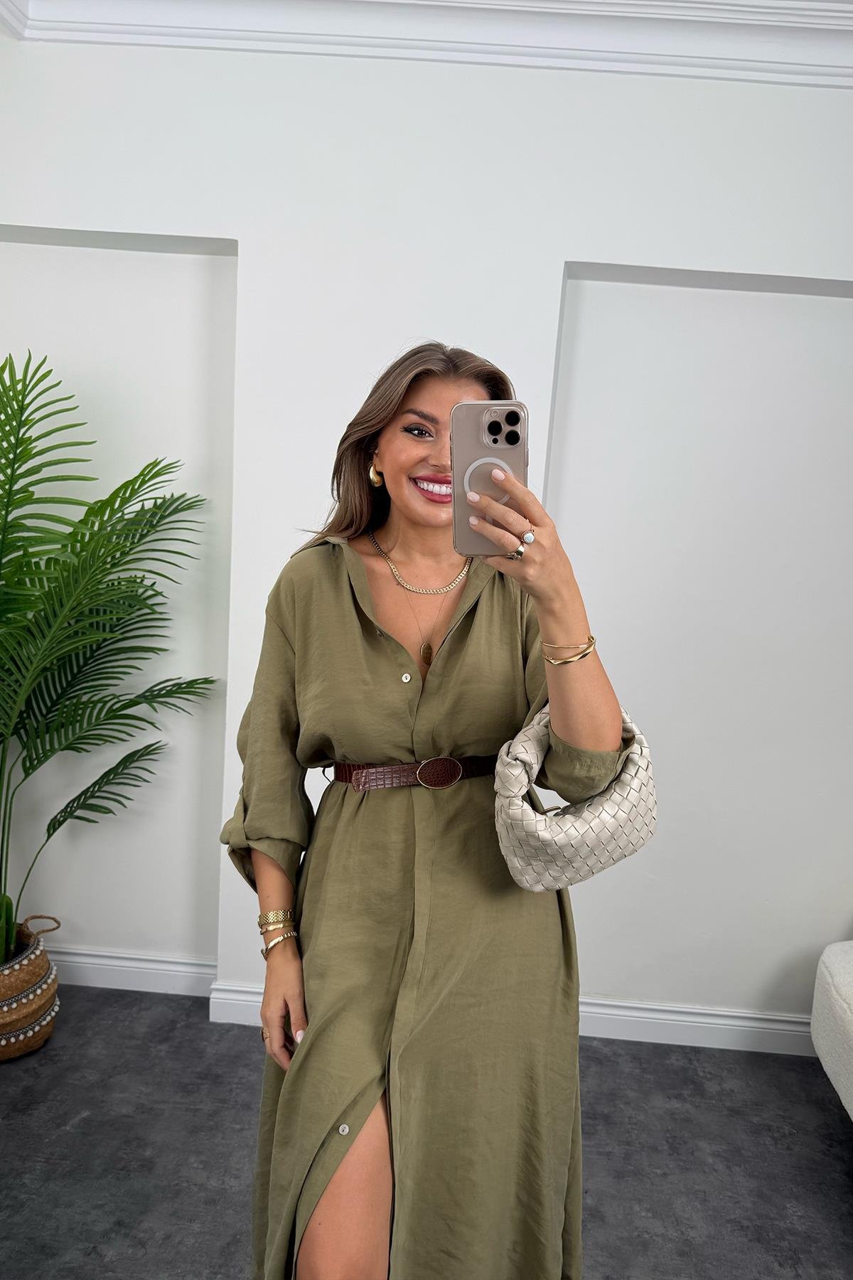 Premium Seri Tensel Kumaş Kemerli Salaş Gömlek Elbise Haki