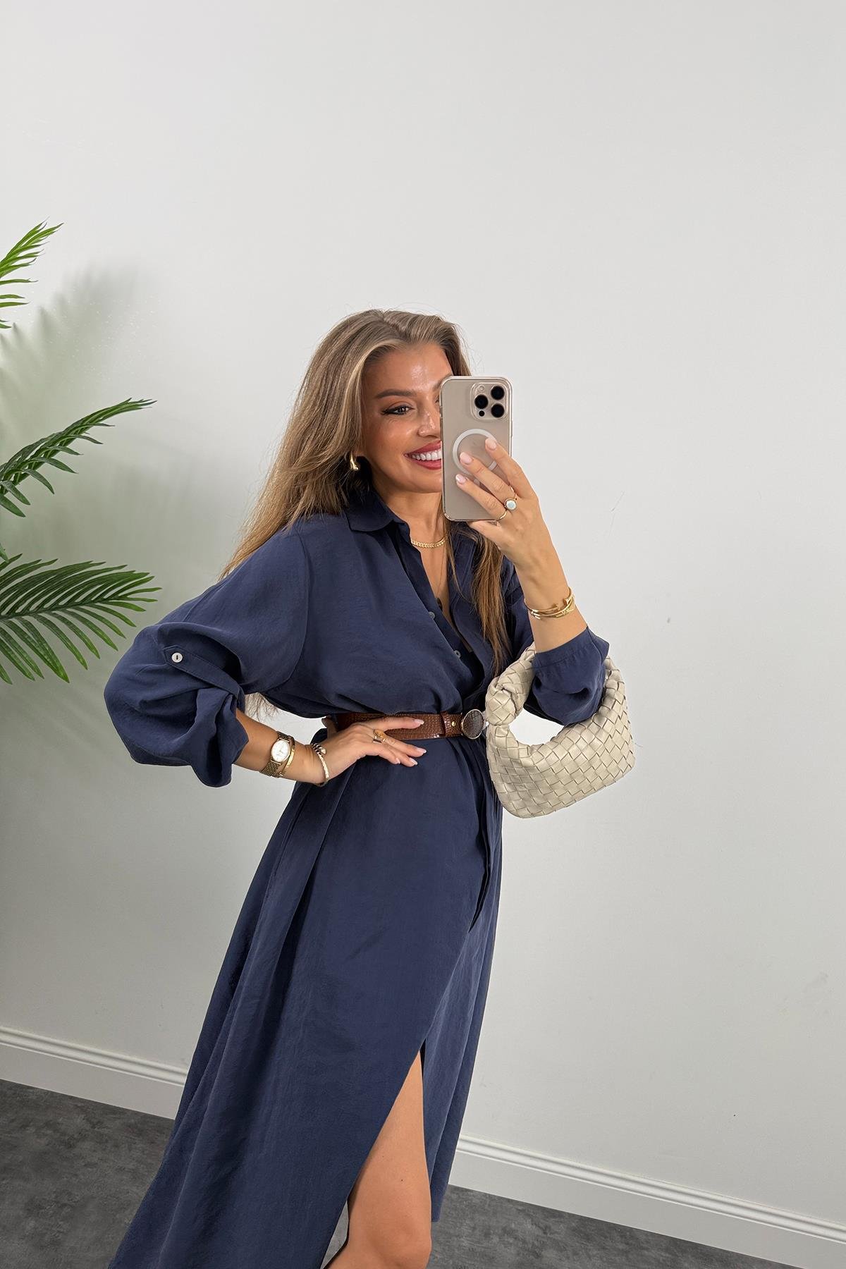 Premium Seri Tensel Kumaş Kemerli Salaş Gömlek Elbise Lacivert