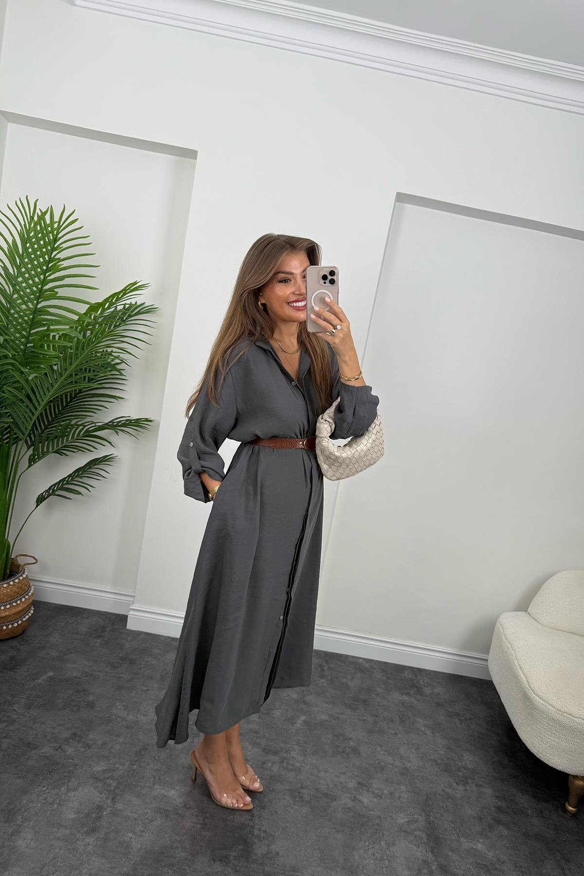 Premium Seri Tensel Kumaş Kemerli Salaş Gömlek Elbise Antrasit