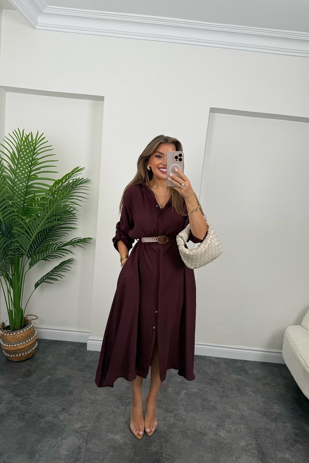 Premium Seri Tensel Kumaş Kemerli Salaş Gömlek Elbise Mürdüm