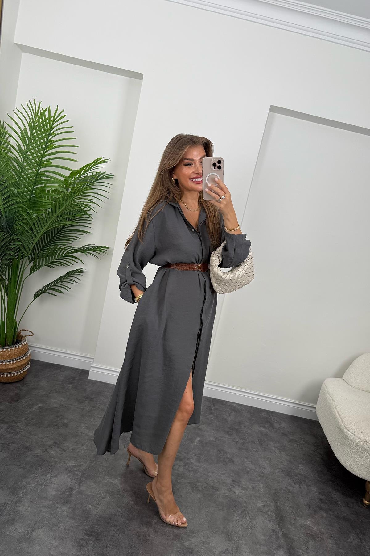 Premium Seri Tensel Kumaş Kemerli Salaş Gömlek Elbise Antrasit