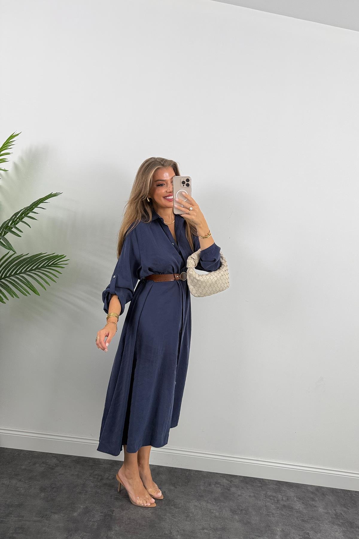 Premium Seri Tensel Kumaş Kemerli Salaş Gömlek Elbise Lacivert