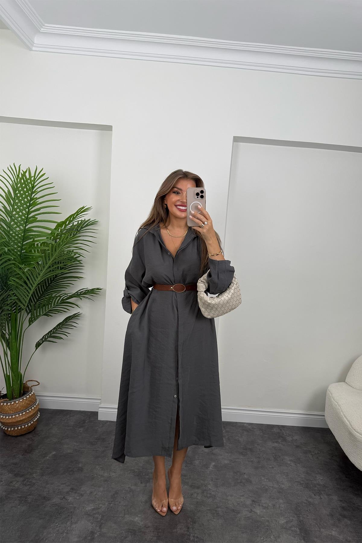 Premium Seri Tensel Kumaş Kemerli Salaş Gömlek Elbise Antrasit