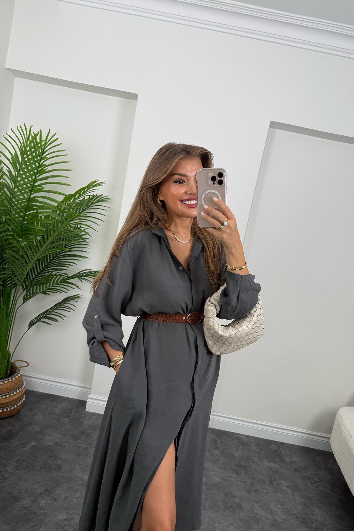 Premium Seri Tensel Kumaş Kemerli Salaş Gömlek Elbise Antrasit