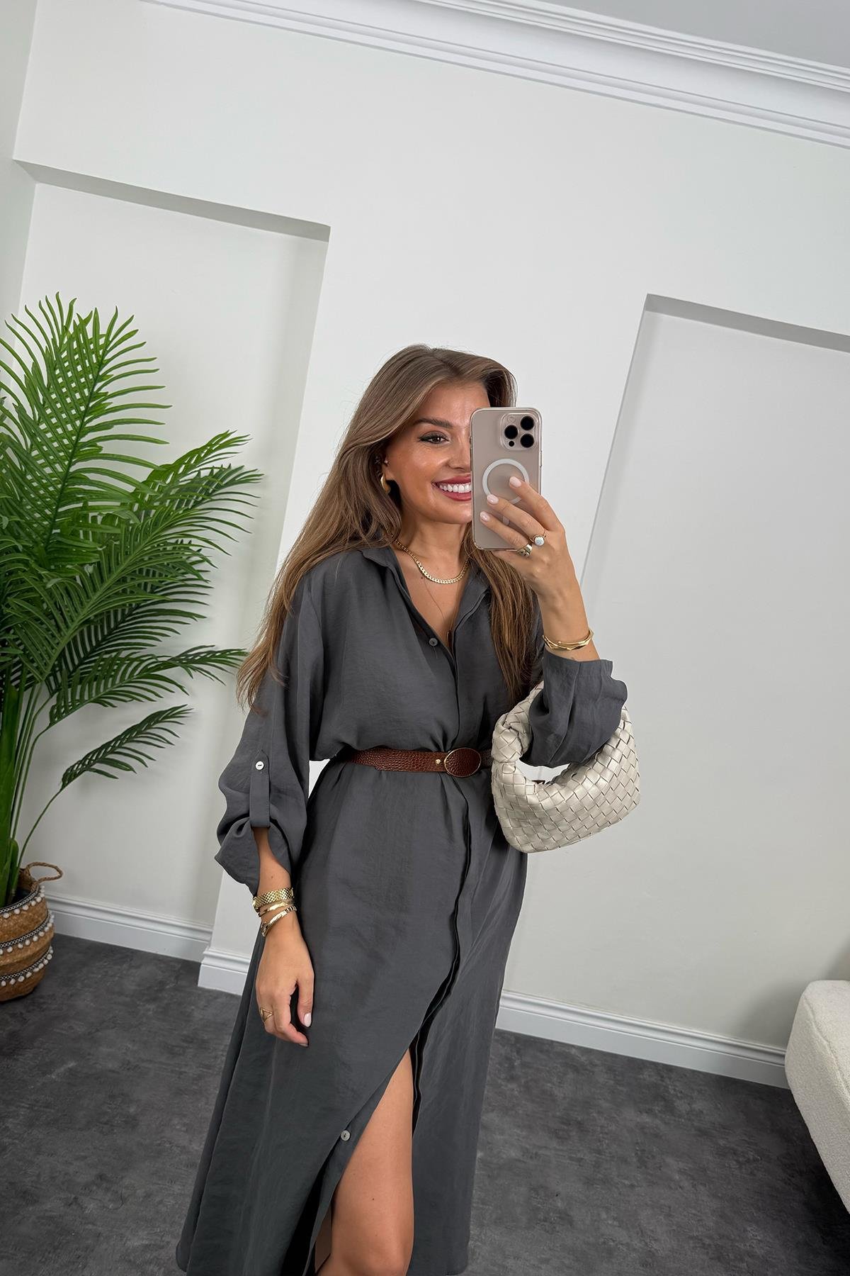 Premium Seri Tensel Kumaş Kemerli Salaş Gömlek Elbise Antrasit