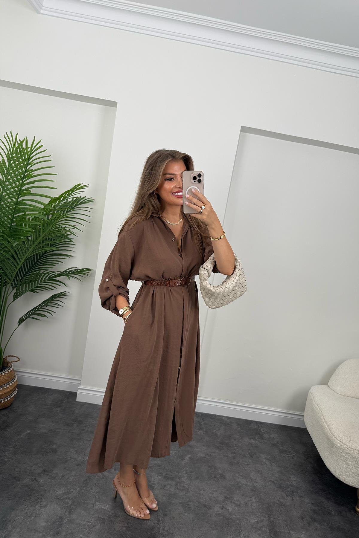 Premium Seri Tensel Kumaş Kemerli Salaş Gömlek Elbise Acı Kahve