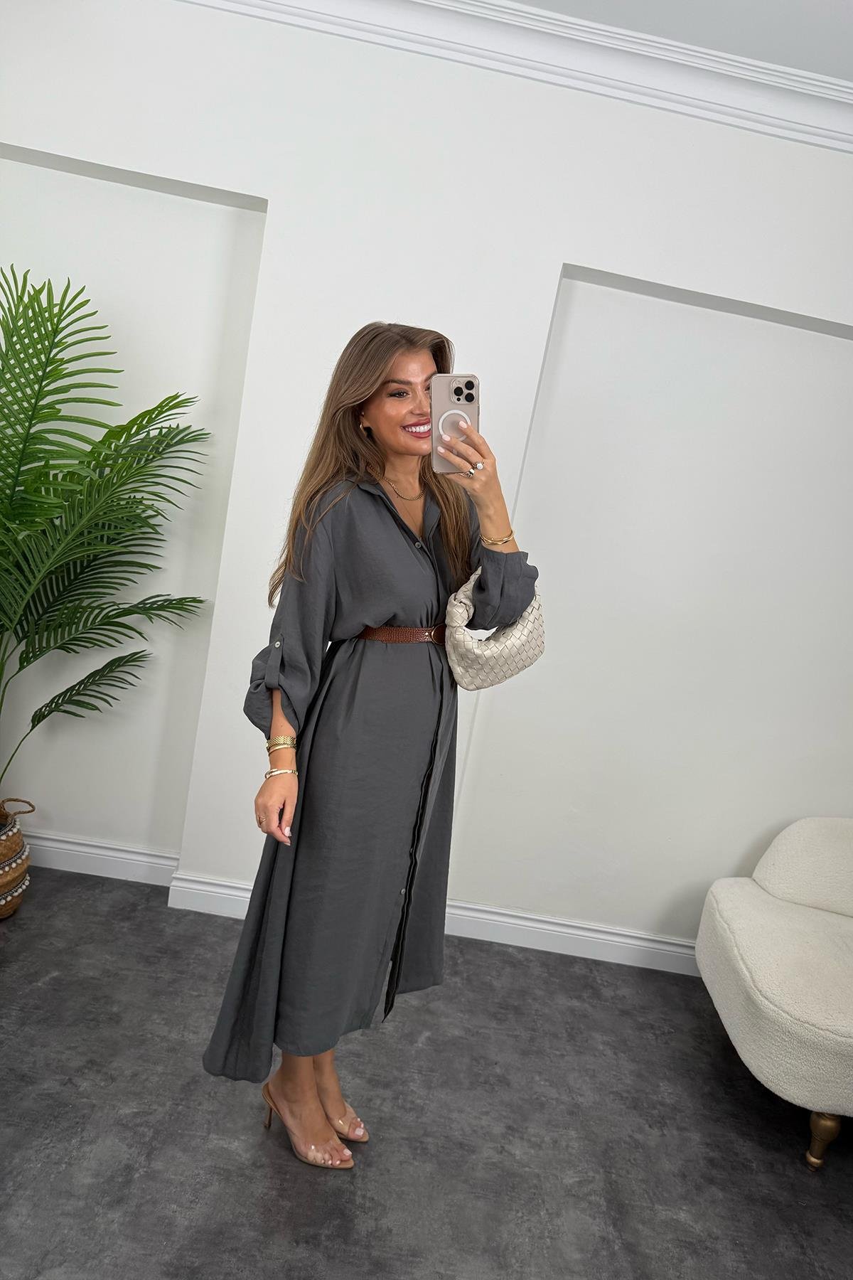 Premium Seri Tensel Kumaş Kemerli Salaş Gömlek Elbise Antrasit