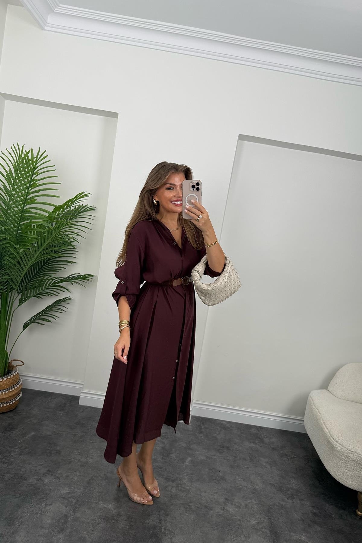 Premium Seri Tensel Kumaş Kemerli Salaş Gömlek Elbise Mürdüm