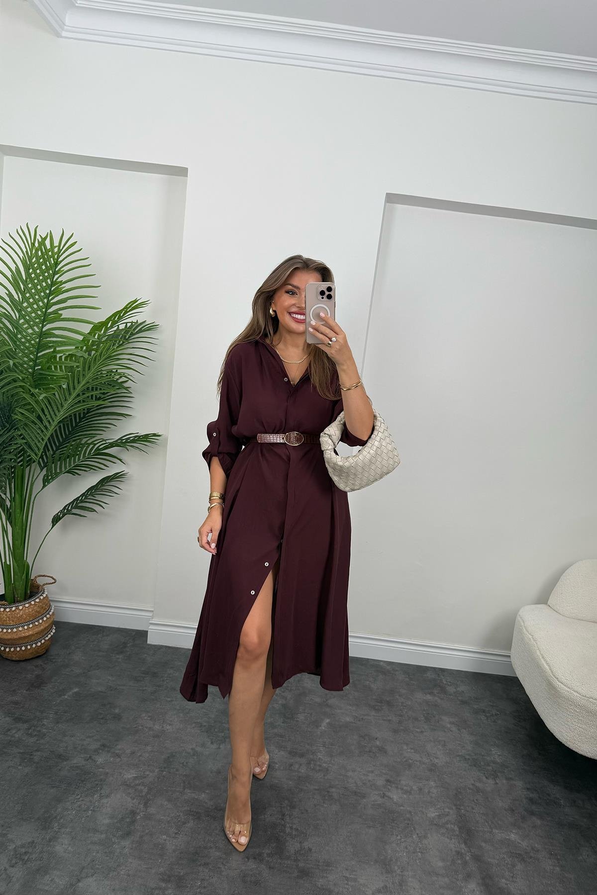 Premium Seri Tensel Kumaş Kemerli Salaş Gömlek Elbise Mürdüm