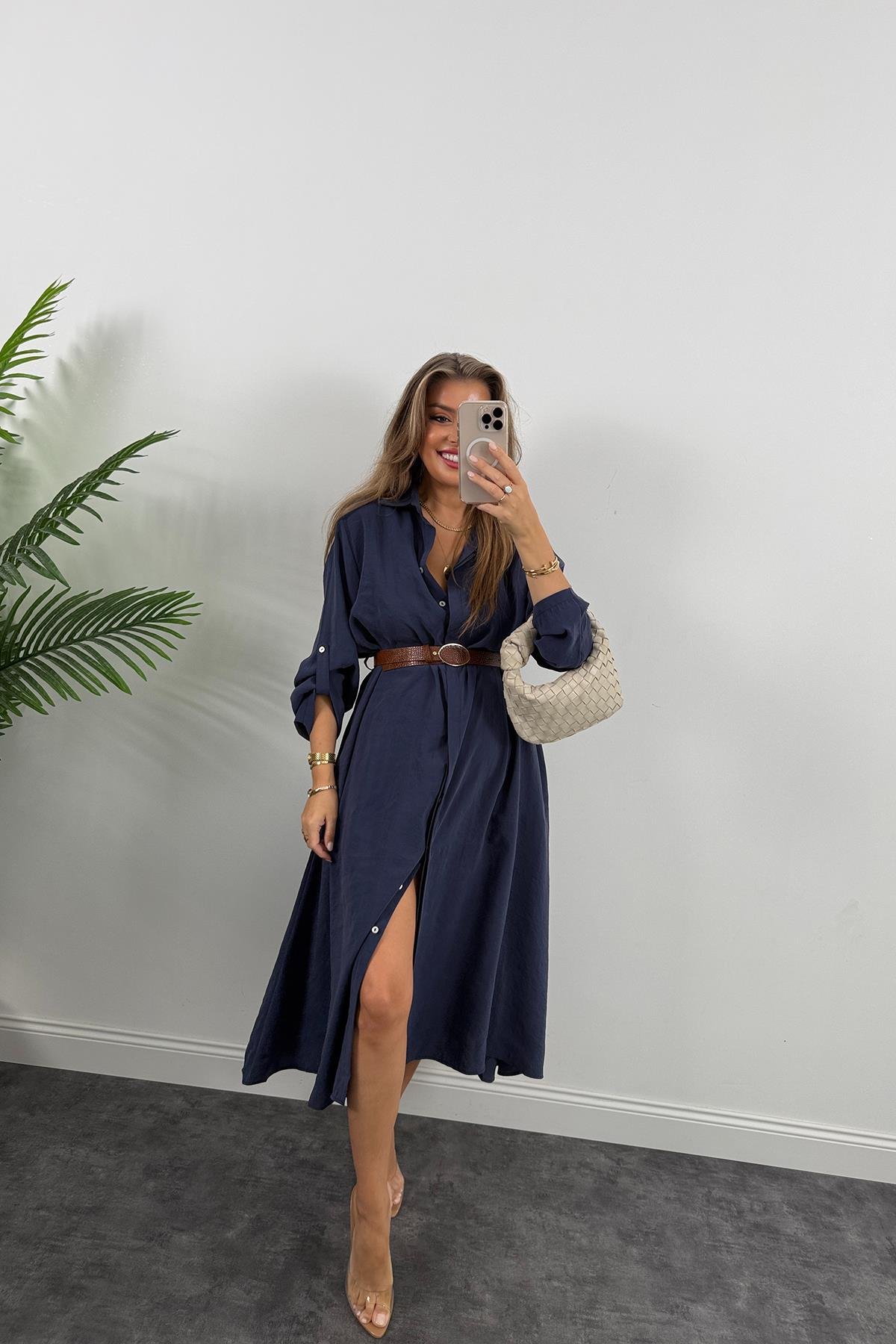 Premium Seri Tensel Kumaş Kemerli Salaş Gömlek Elbise Lacivert