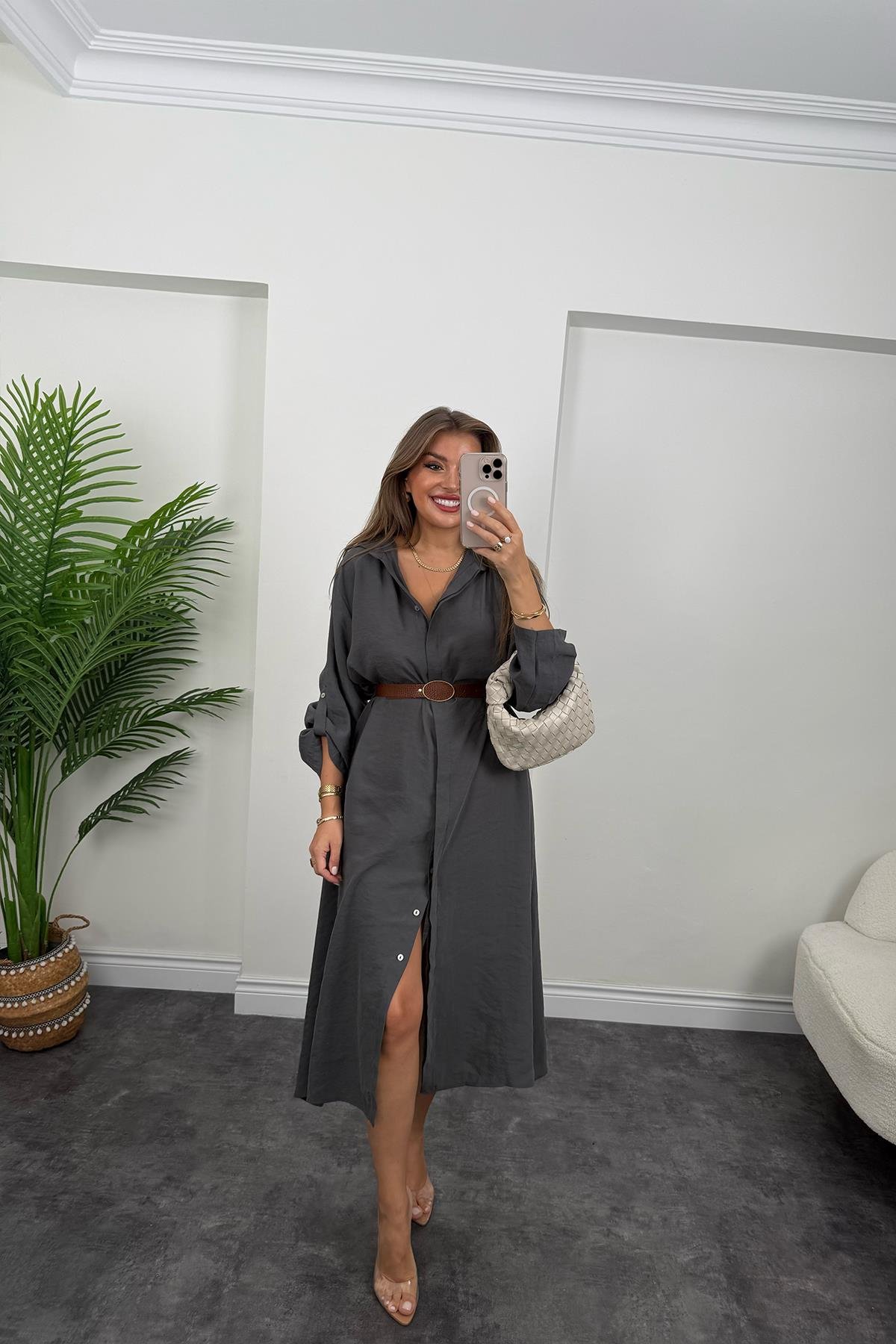 Premium Seri Tensel Kumaş Kemerli Salaş Gömlek Elbise Antrasit