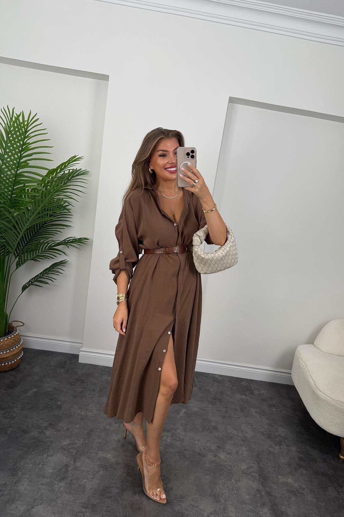 Premium Seri Tensel Kumaş Kemerli Salaş Gömlek Elbise Acı Kahve