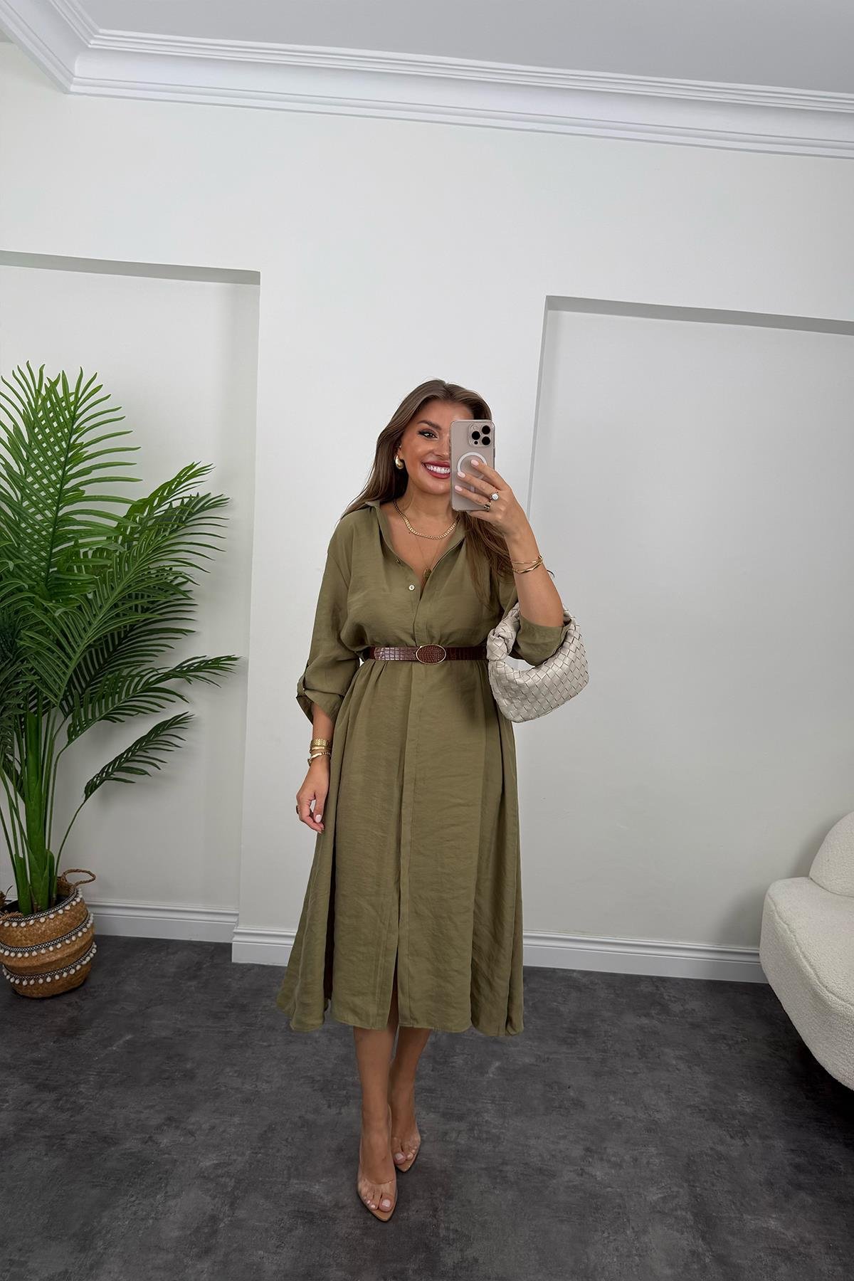 Premium Seri Tensel Kumaş Kemerli Salaş Gömlek Elbise Haki