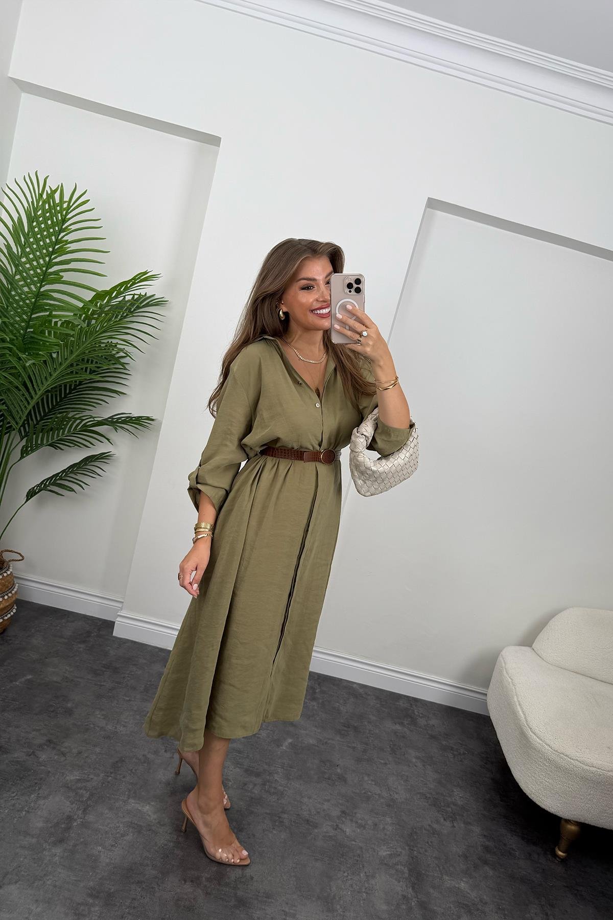 Premium Seri Tensel Kumaş Kemerli Salaş Gömlek Elbise Haki