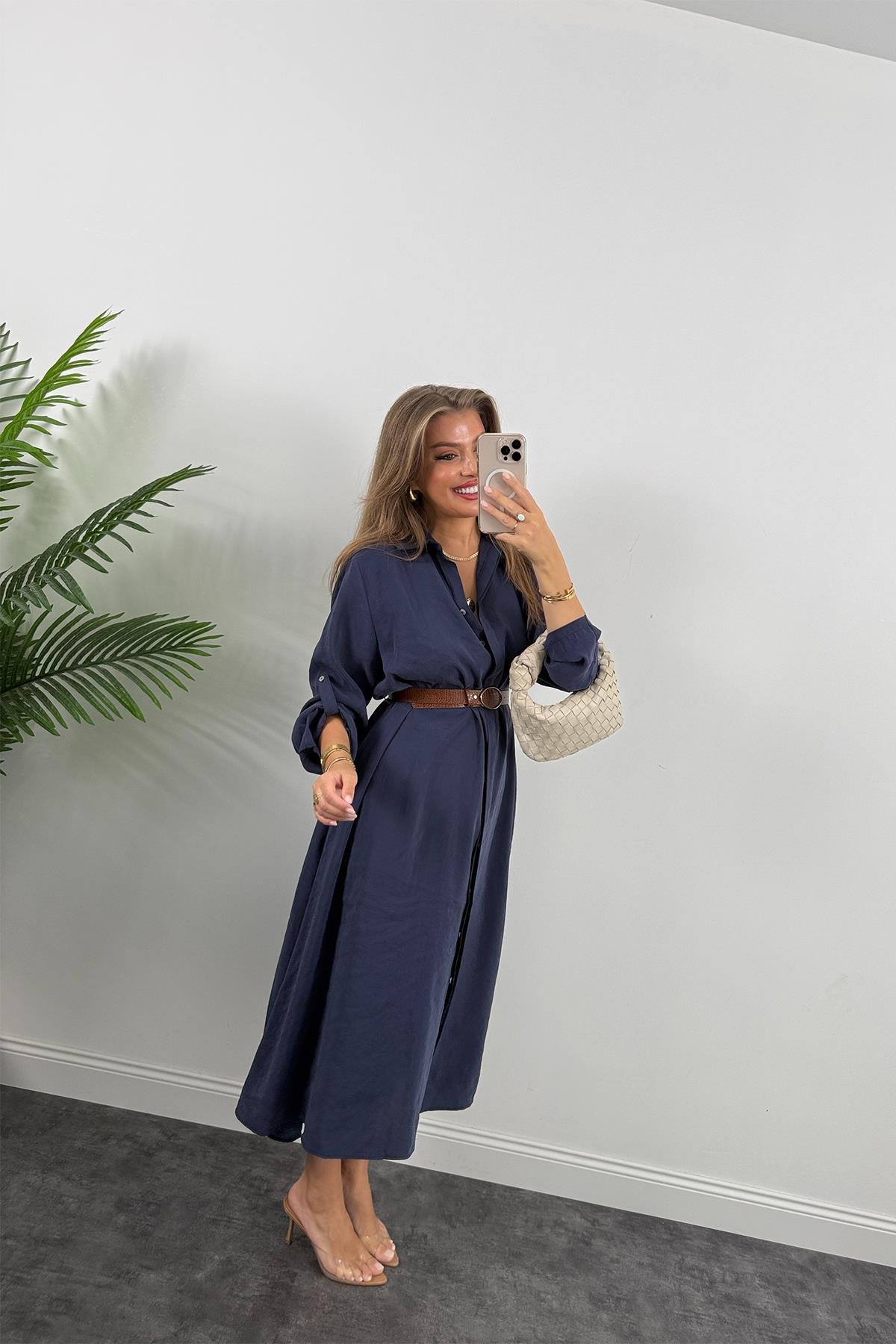 Premium Seri Tensel Kumaş Kemerli Salaş Gömlek Elbise Lacivert