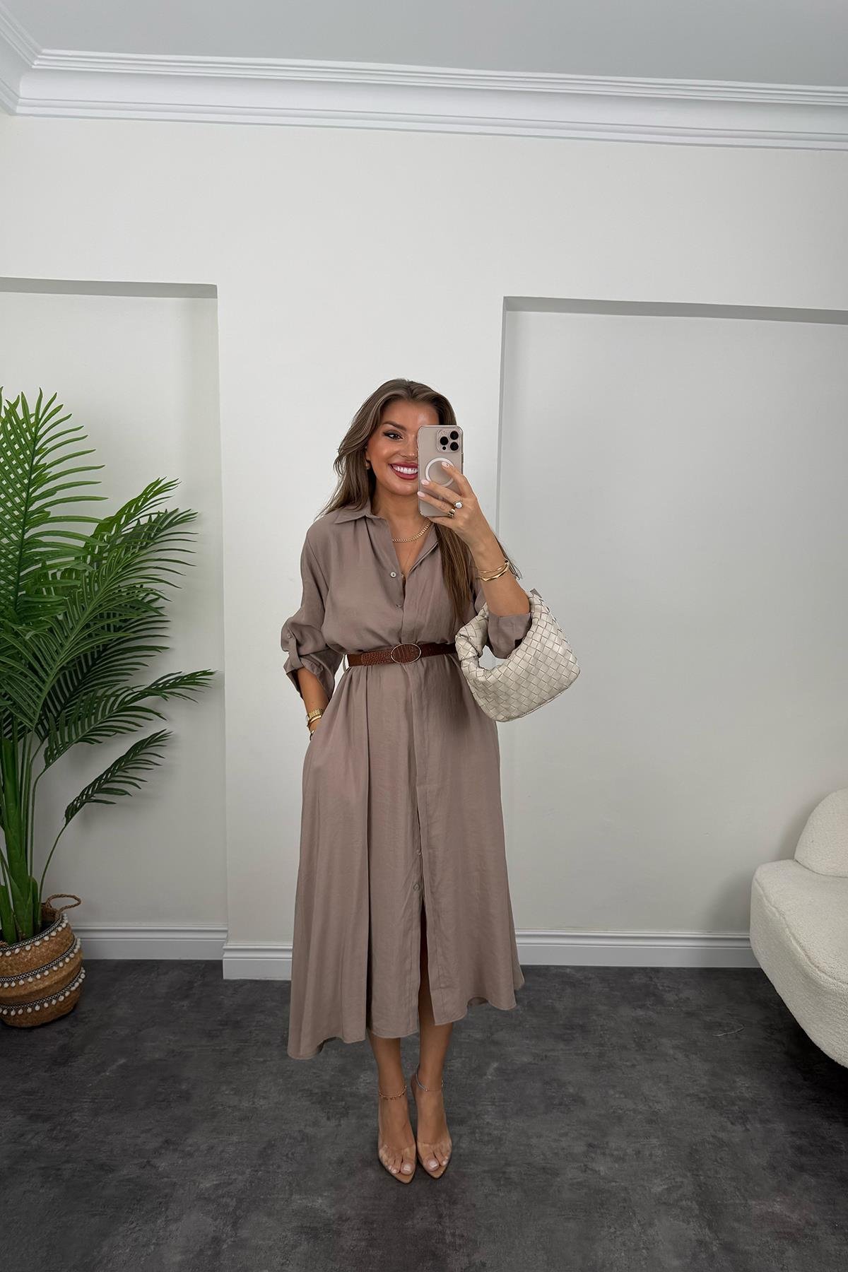 Premium Seri Tensel Kumaş Kemerli Salaş Gömlek Elbise Vizon