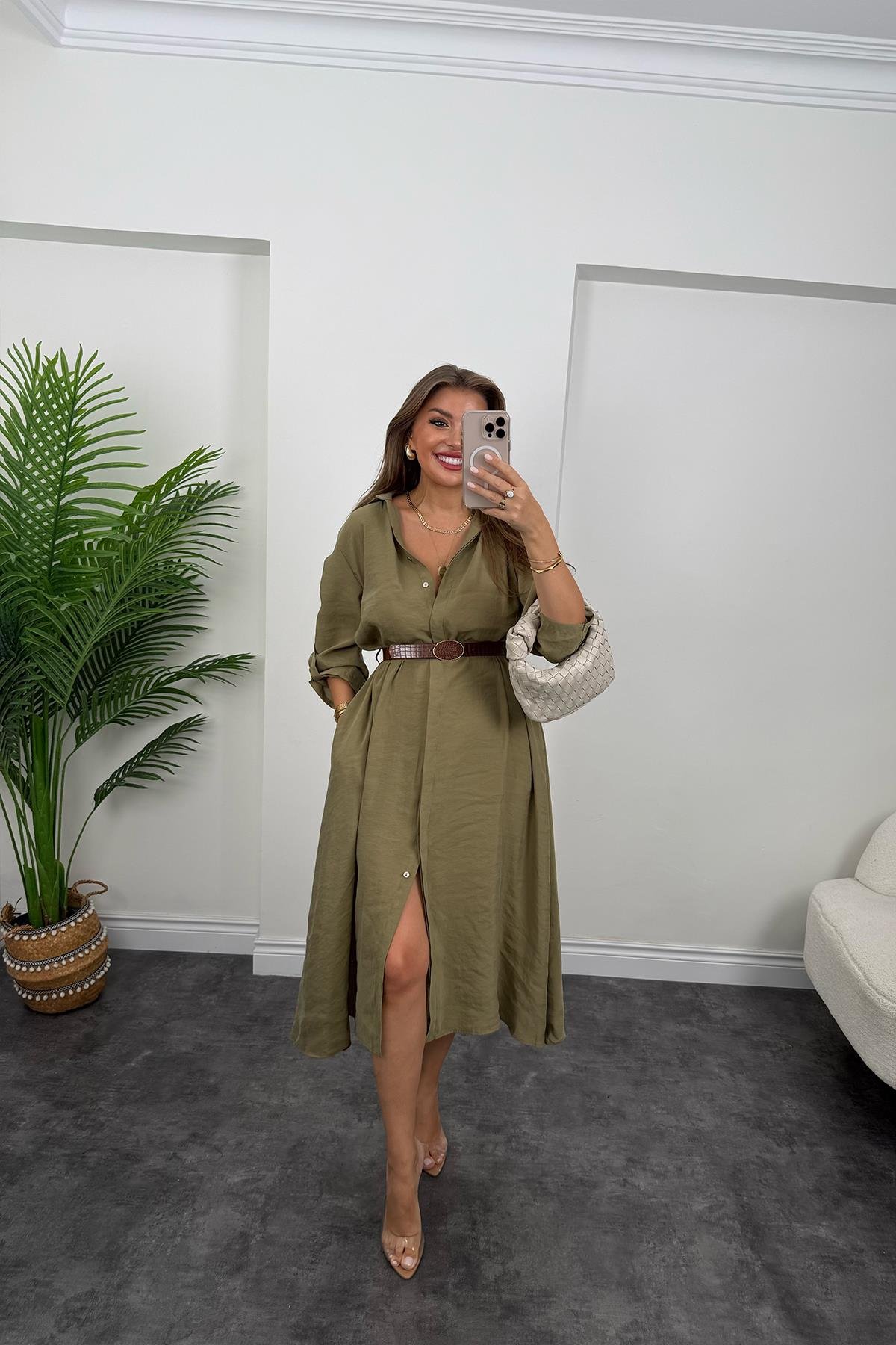 Premium Seri Tensel Kumaş Kemerli Salaş Gömlek Elbise Haki