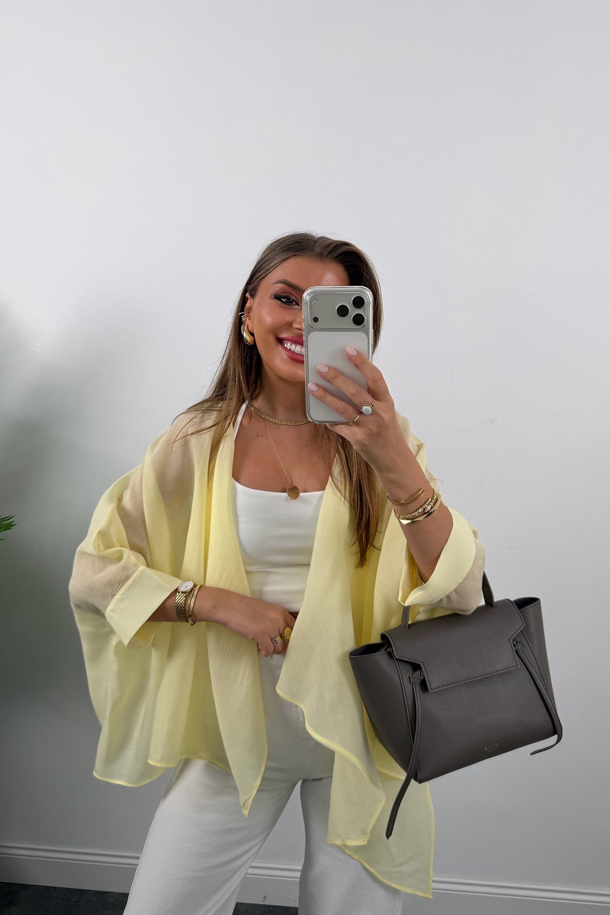 Premium Seri Uçuşan Kumaş Tensel Pelerin Bluz Sarı