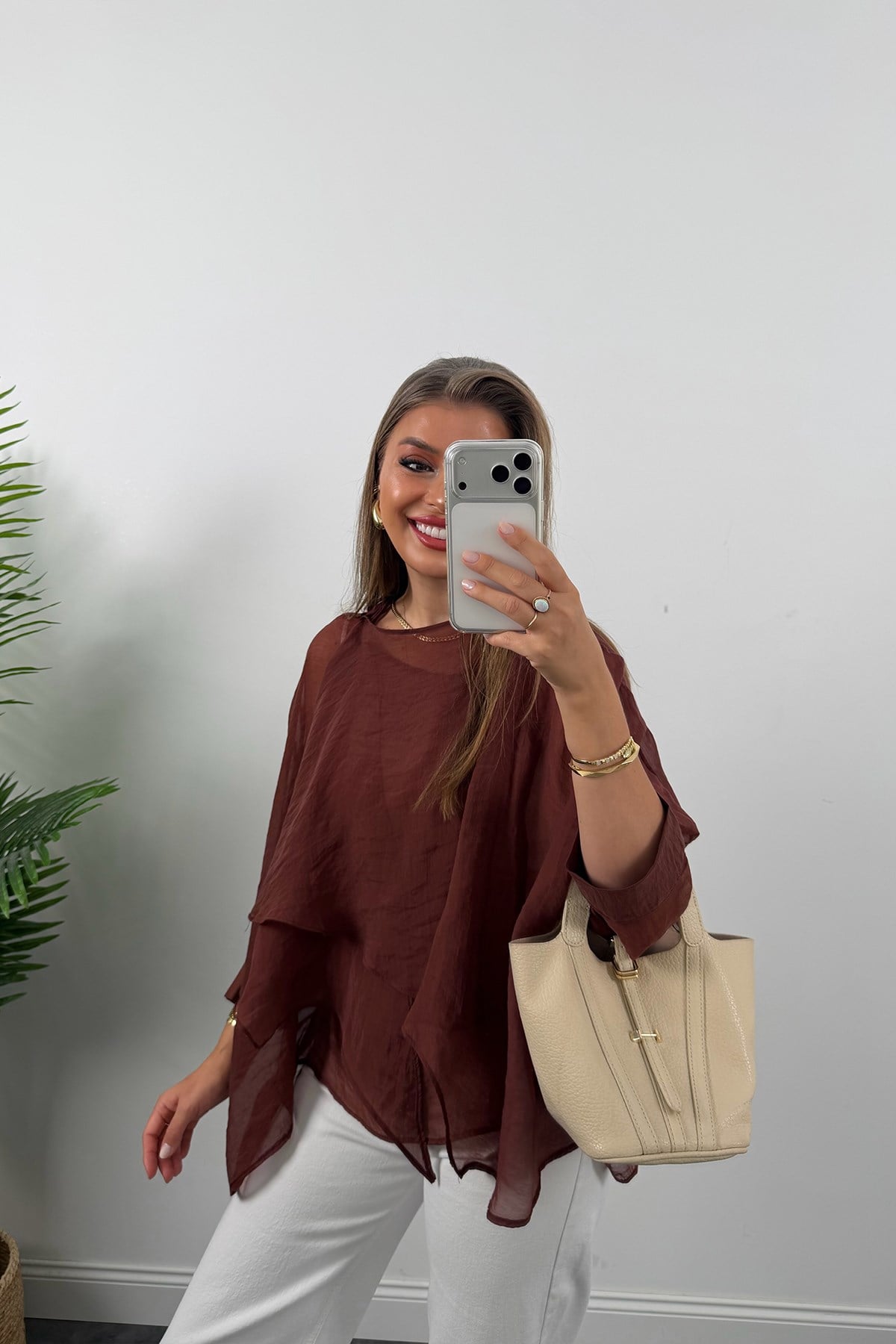 Premium Seri Uçuşan Kumaş Tensel Pelerin Bluz Tarçın