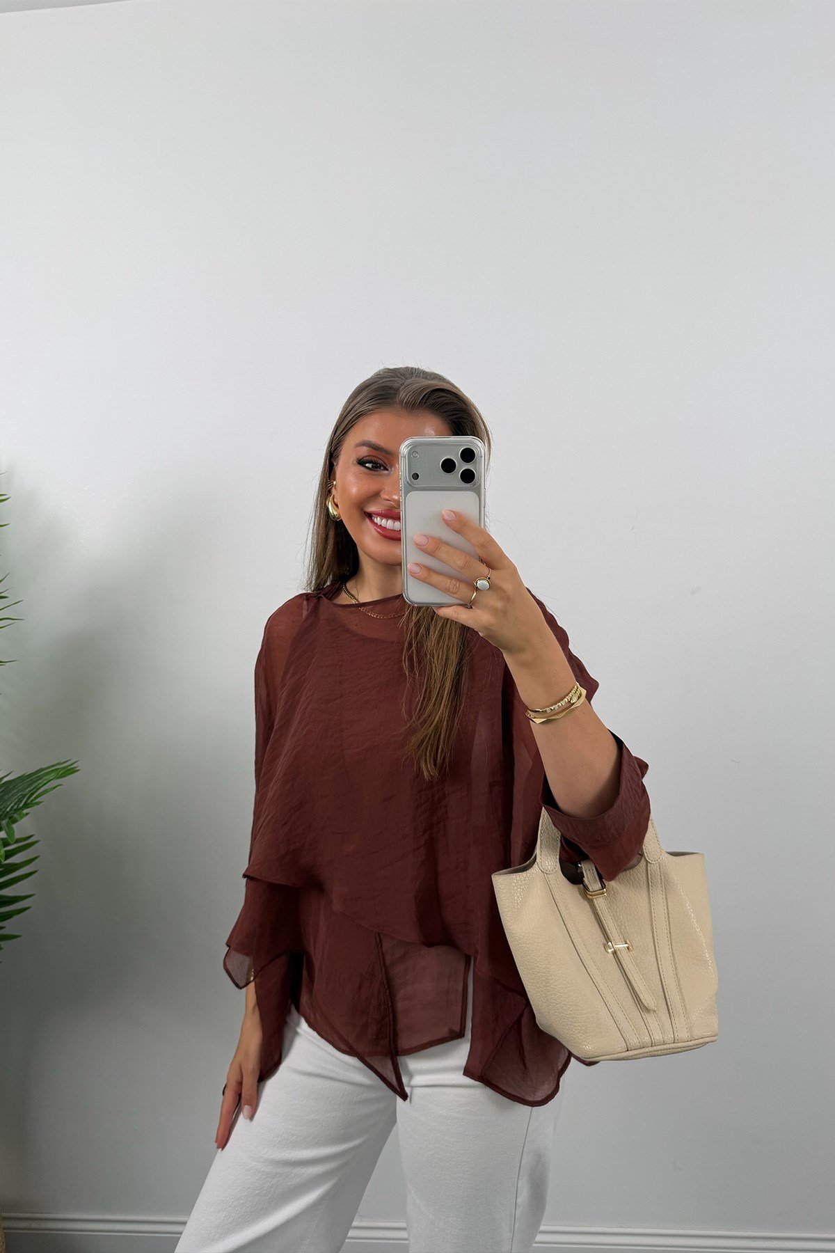 Premium Seri Uçuşan Kumaş Tensel Pelerin Bluz Tarçın