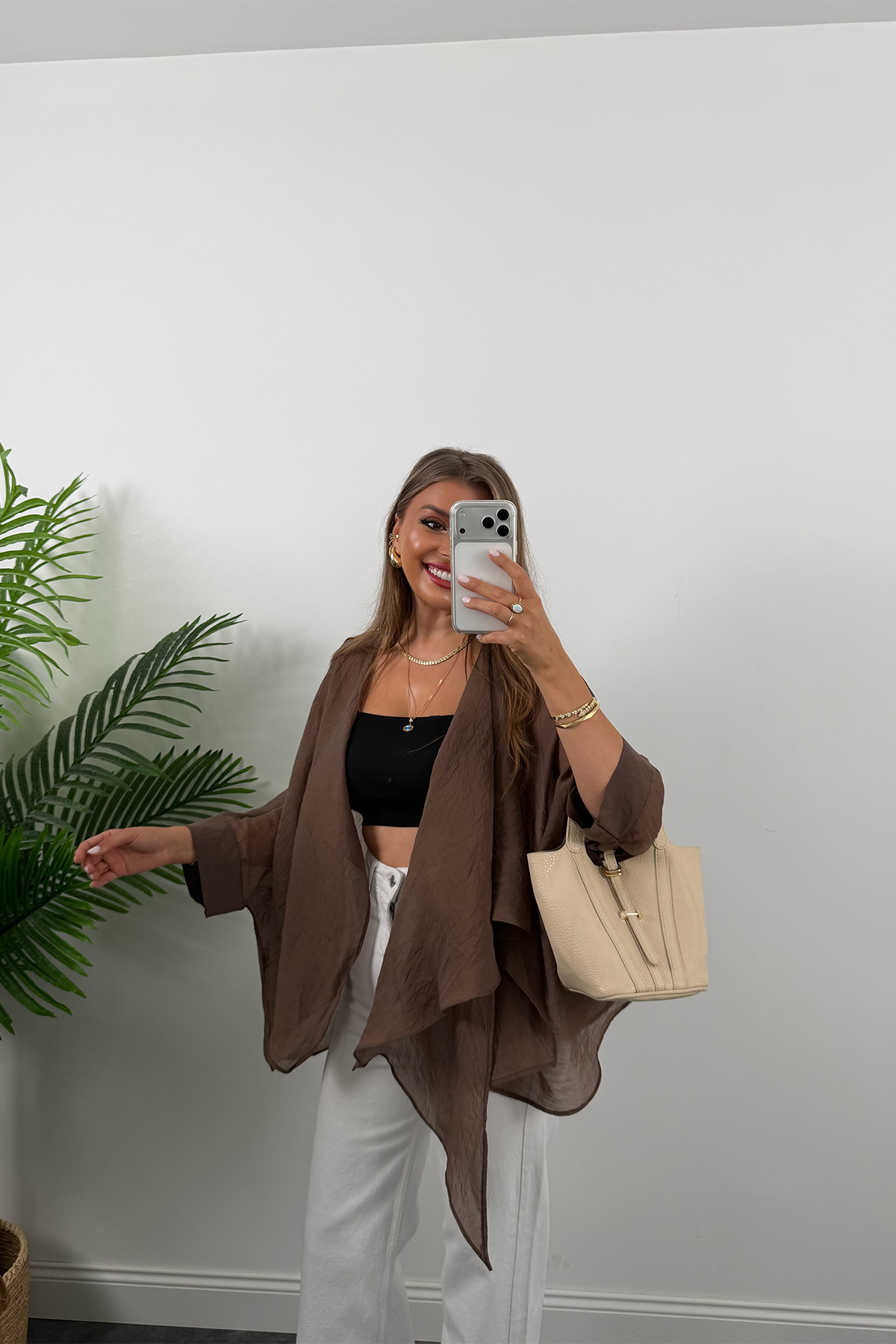 Premium Seri Uçuşan Kumaş Tensel Perelin Bluz Acı Kahve