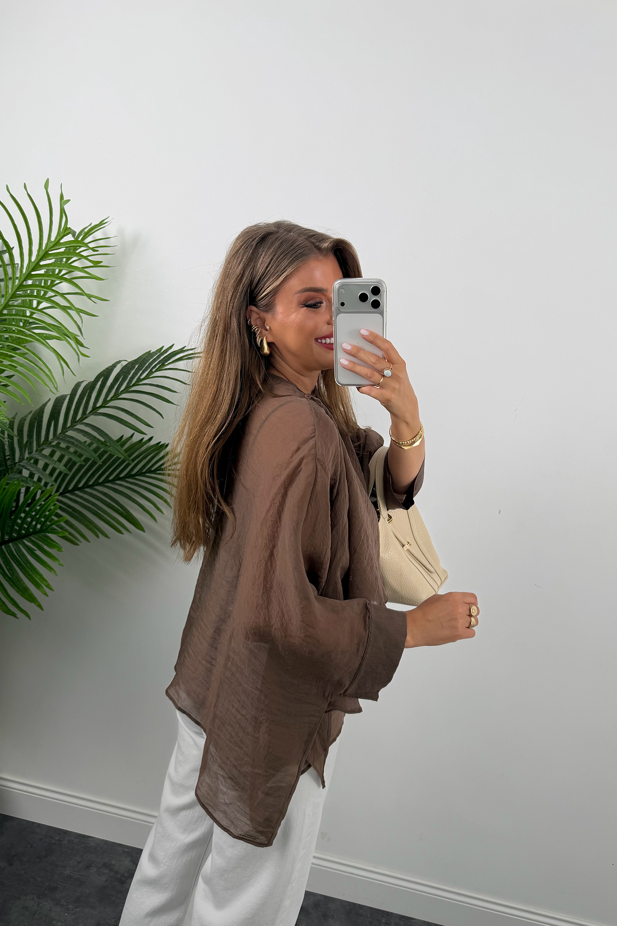 Premium Seri Uçuşan Kumaş Tensel Perelin Bluz Acı Kahve