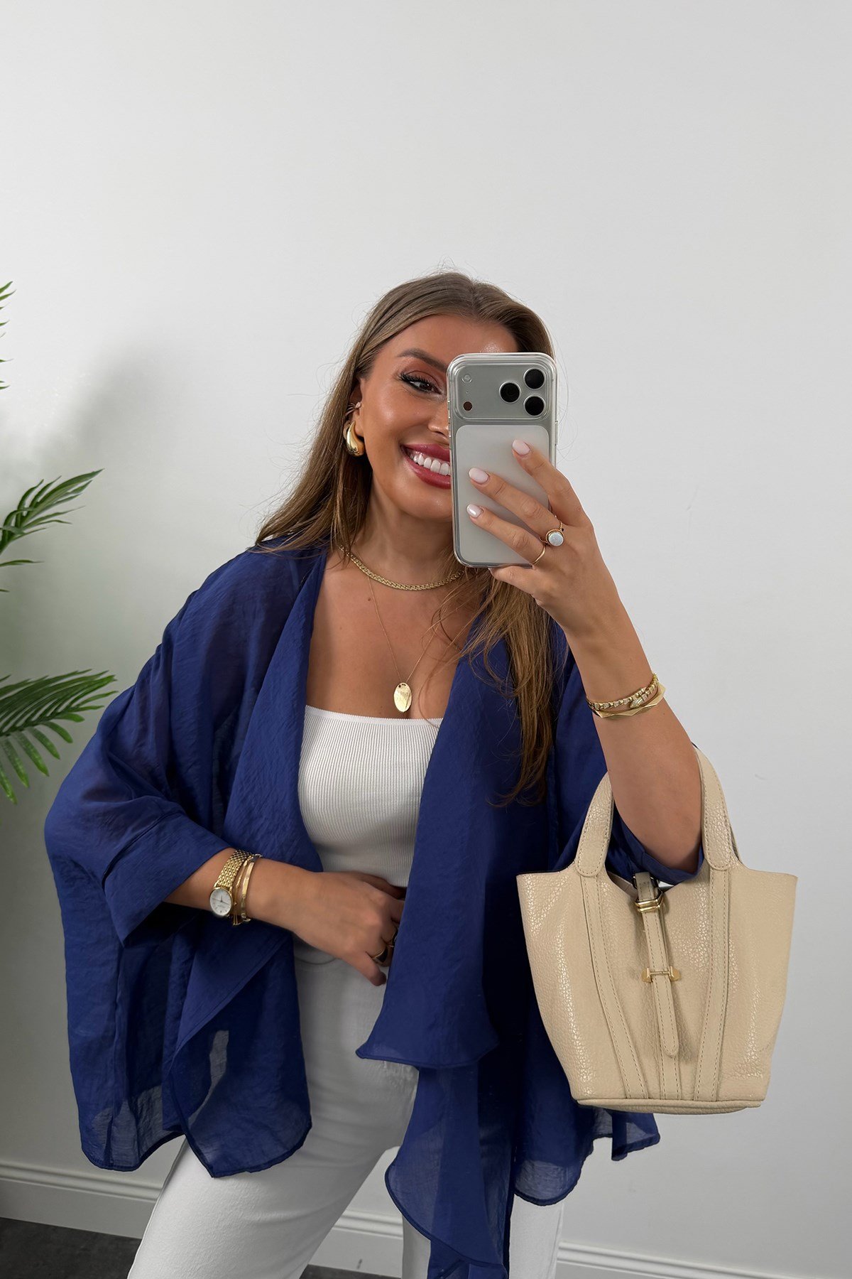 Premium Seri Uçuşan Kumaş Tensel Perelin Bluz Lacivert