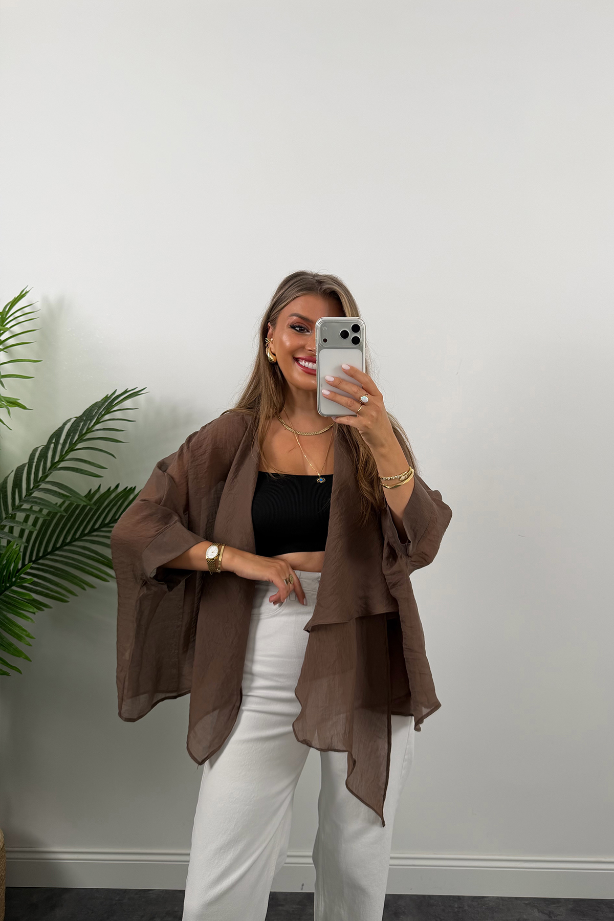Premium Seri Uçuşan Kumaş Tensel Perelin Bluz Acı Kahve
