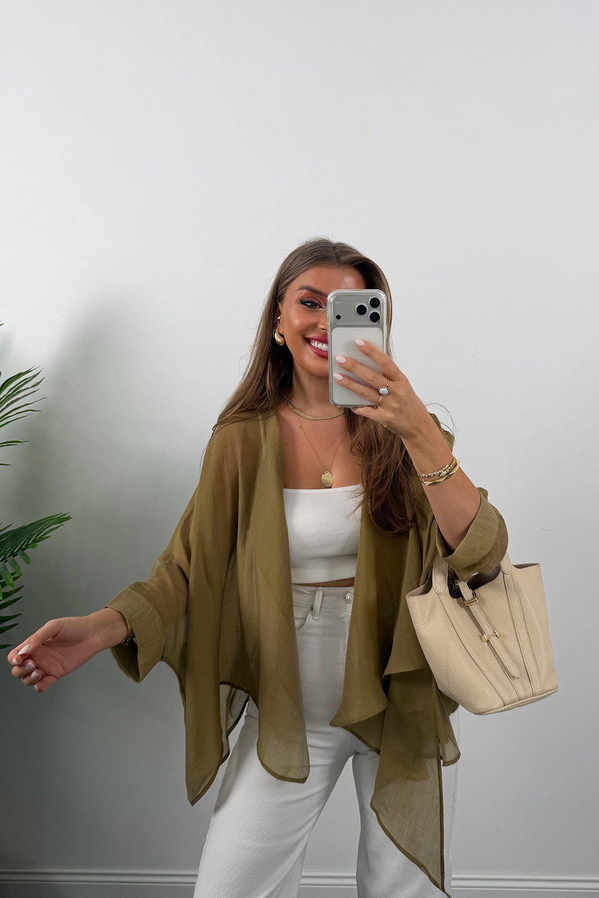 Premium Seri Uçuşan Kumaş Tensel Perelin Bluz Olive