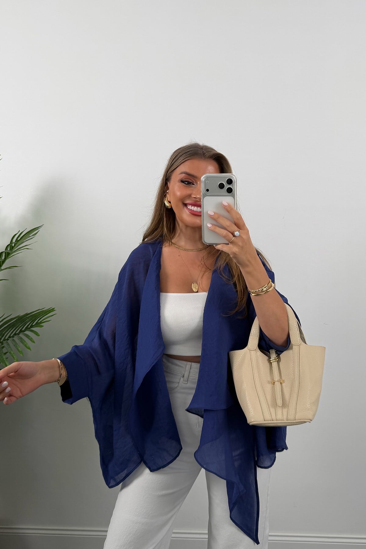 Premium Seri Uçuşan Kumaş Tensel Perelin Bluz Lacivert