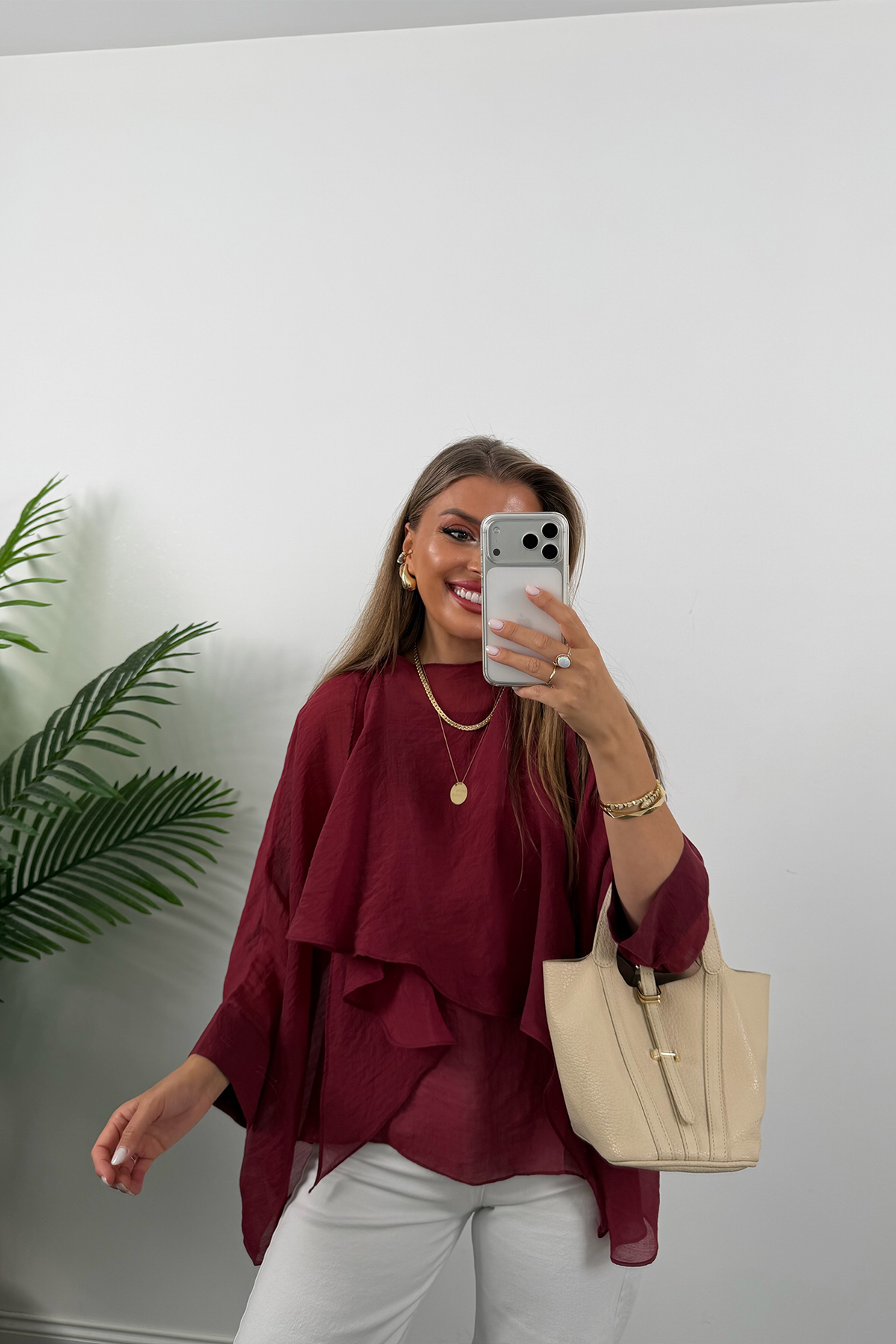 Premium Seri Uçuşan Kumaş Tensel Perelin Bluz Bordo
