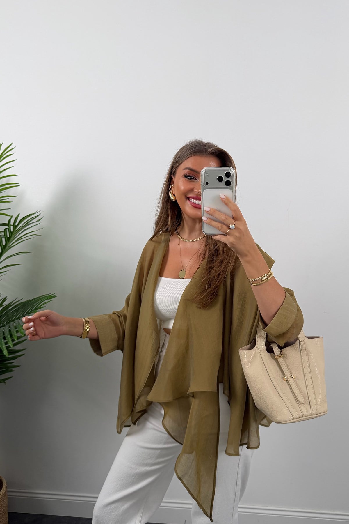 Premium Seri Uçuşan Kumaş Tensel Perelin Bluz Olive