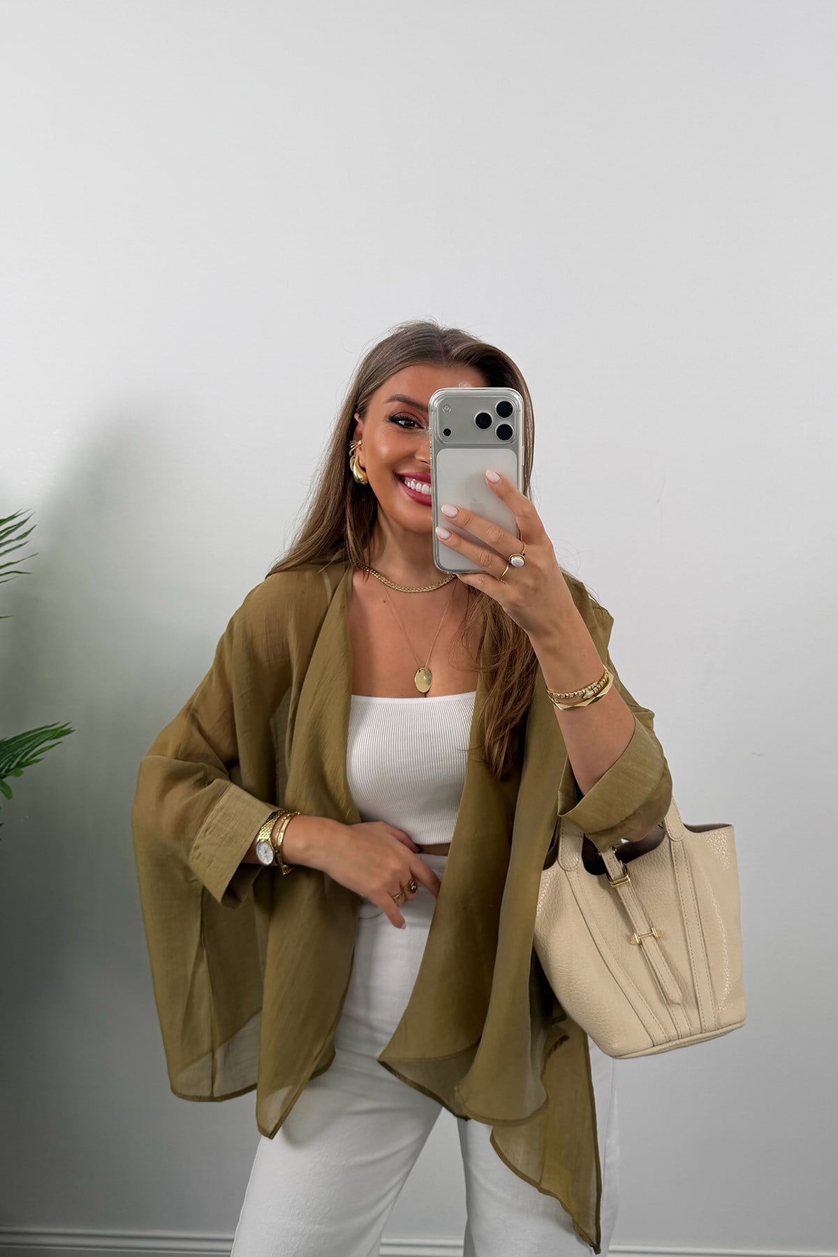 Premium Seri Uçuşan Kumaş Tensel Perelin Bluz Olive