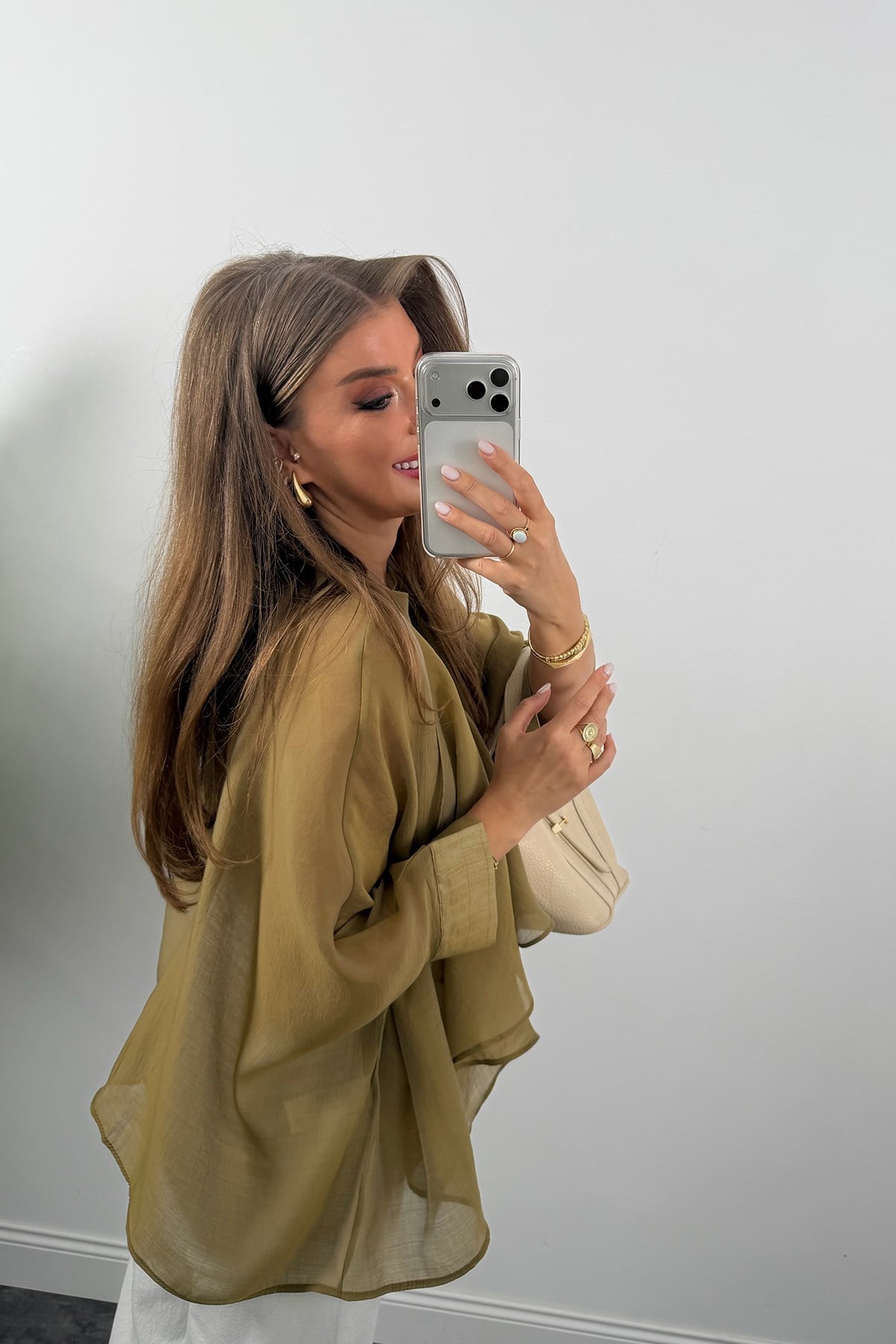 Premium Seri Uçuşan Kumaş Tensel Perelin Bluz Olive