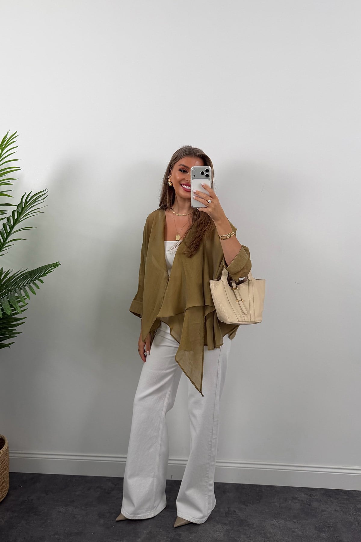 Premium Seri Uçuşan Kumaş Tensel Perelin Bluz Olive