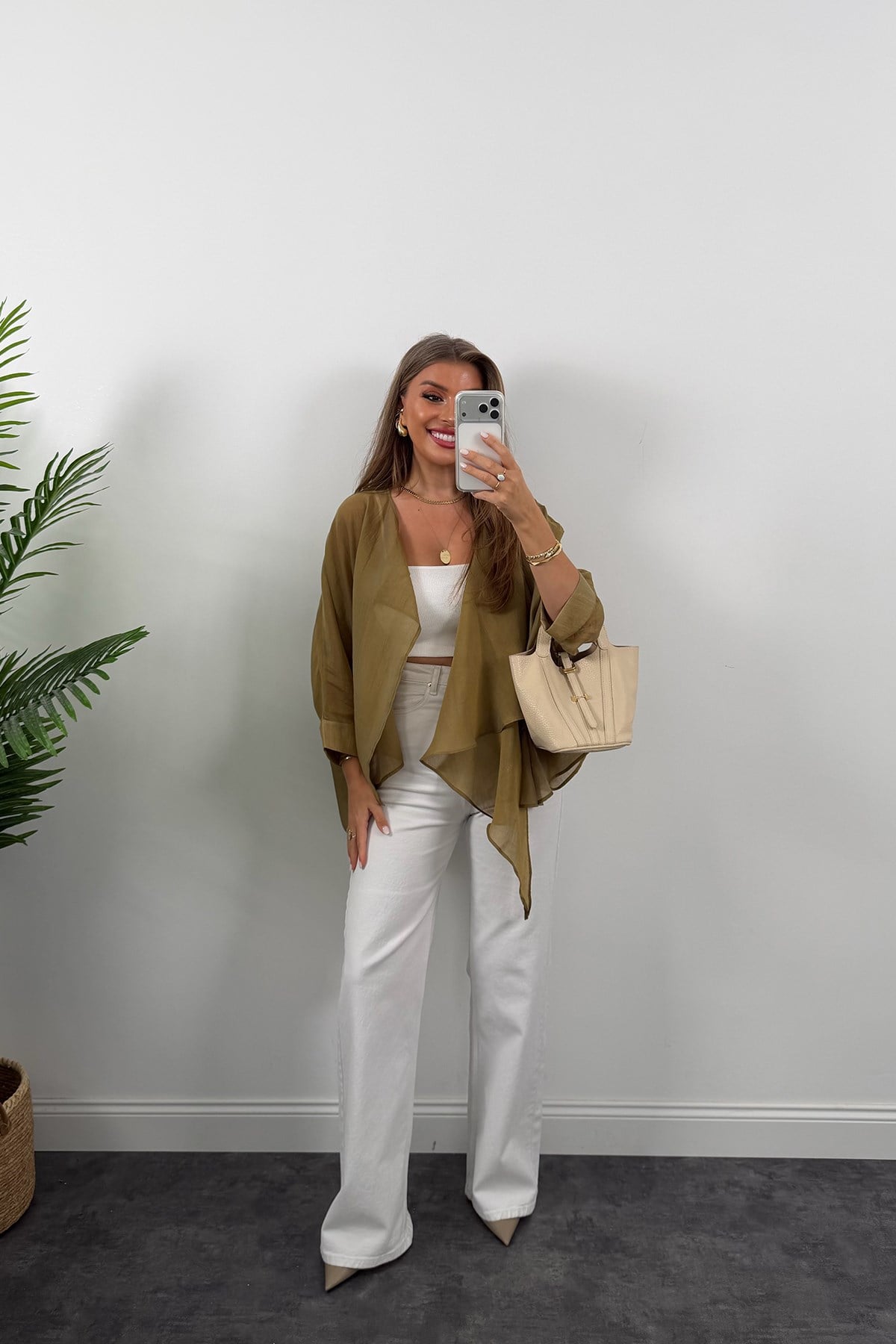 Premium Seri Uçuşan Kumaş Tensel Perelin Bluz Olive