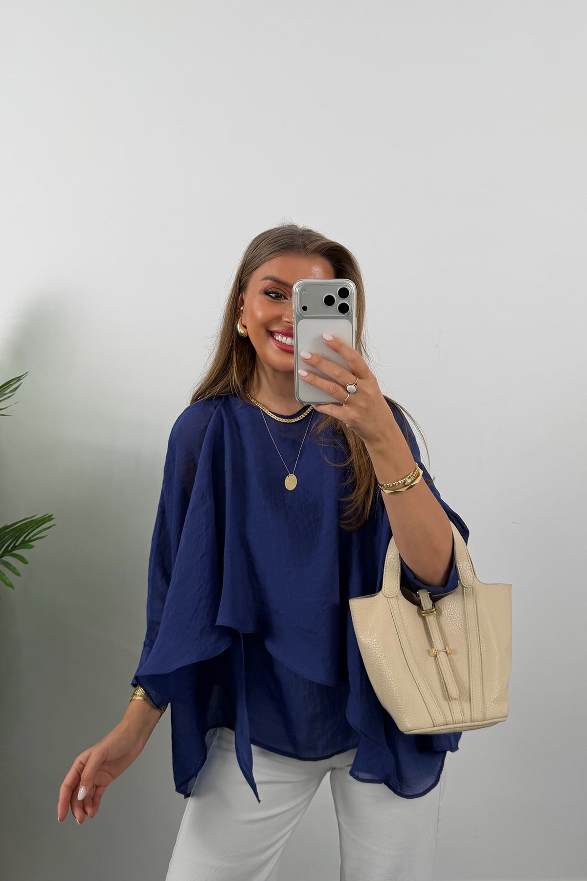 Premium Seri Uçuşan Kumaş Tensel Perelin Bluz Lacivert