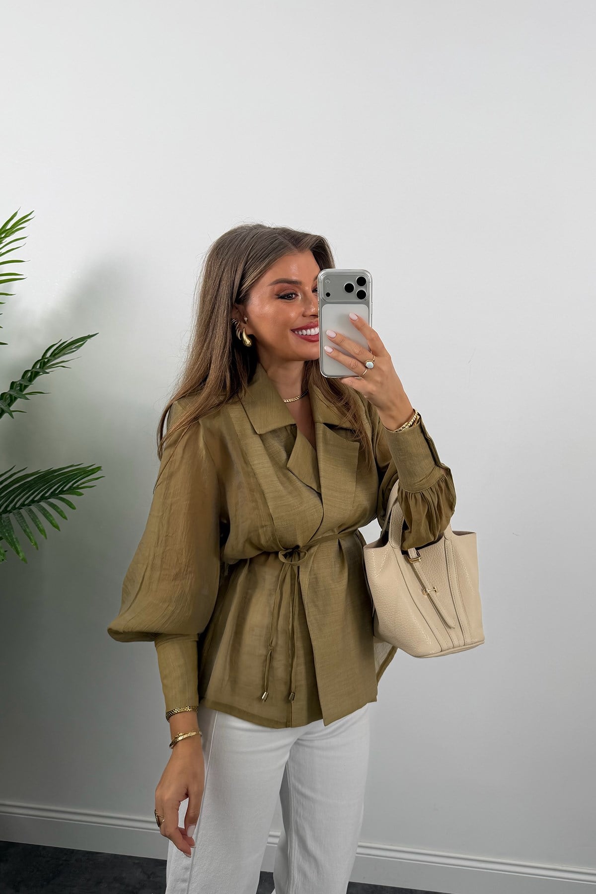 Premium Seri Vatkalı Kruvaze Tensel Bluz Olive