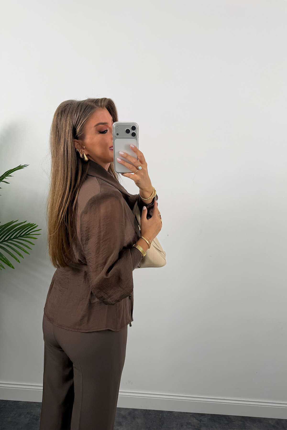 Premium Seri Vatkalı Kruvaze Tensel Bluz Kahverengi
