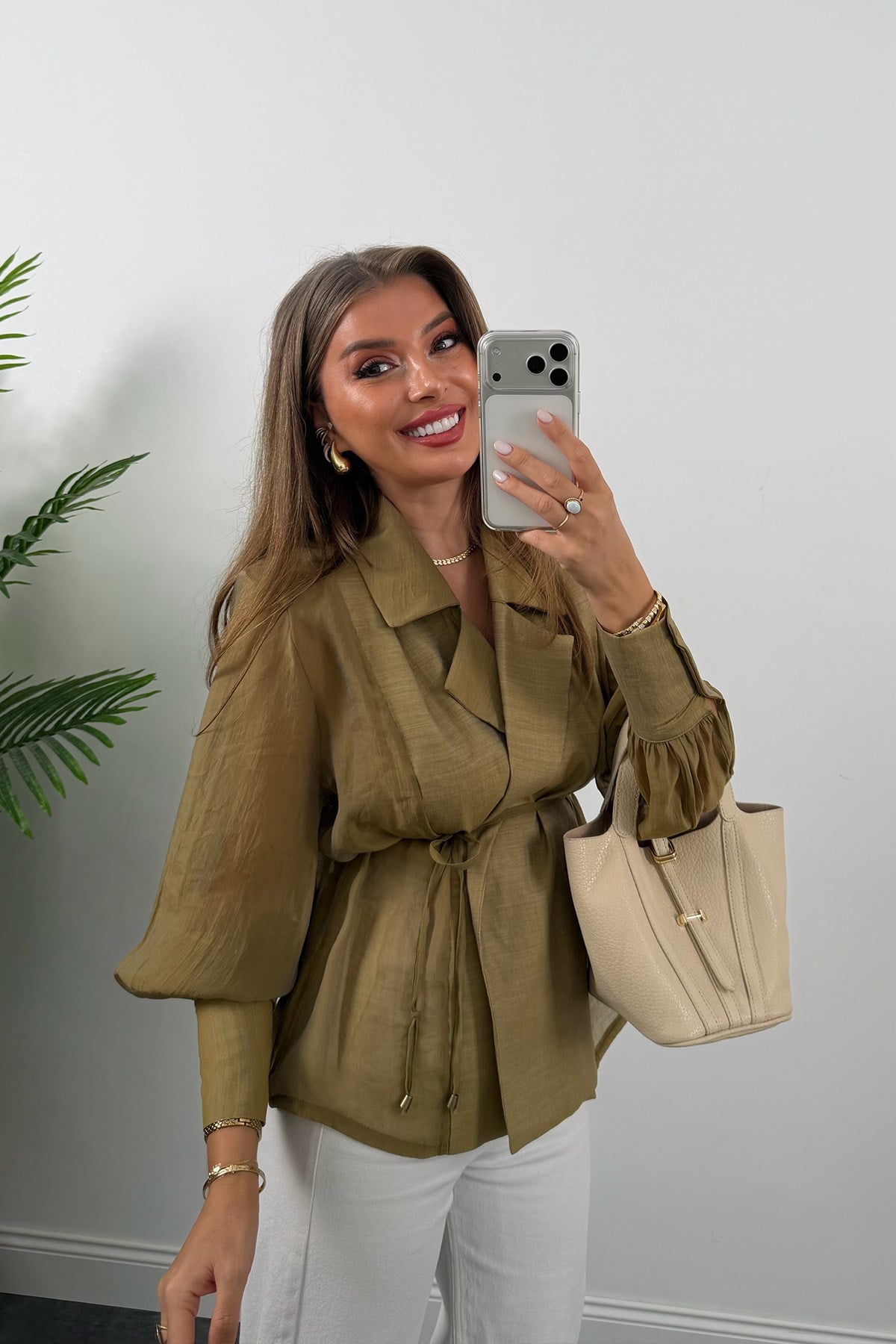 Premium Seri Vatkalı Kruvaze Tensel Bluz Olive