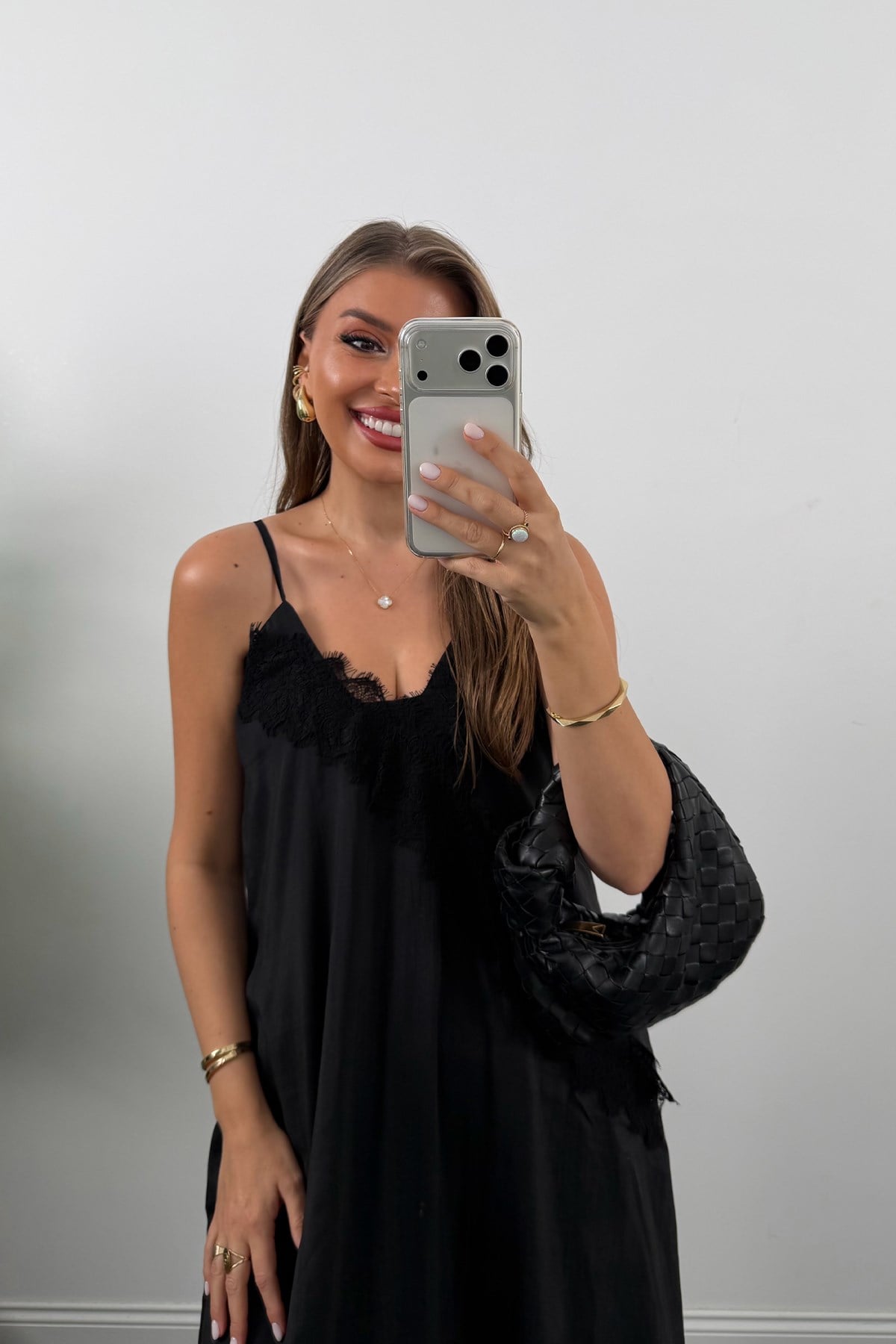 Premium Seri Yakası Dantelli Maxi Tensel Elbise Siyah