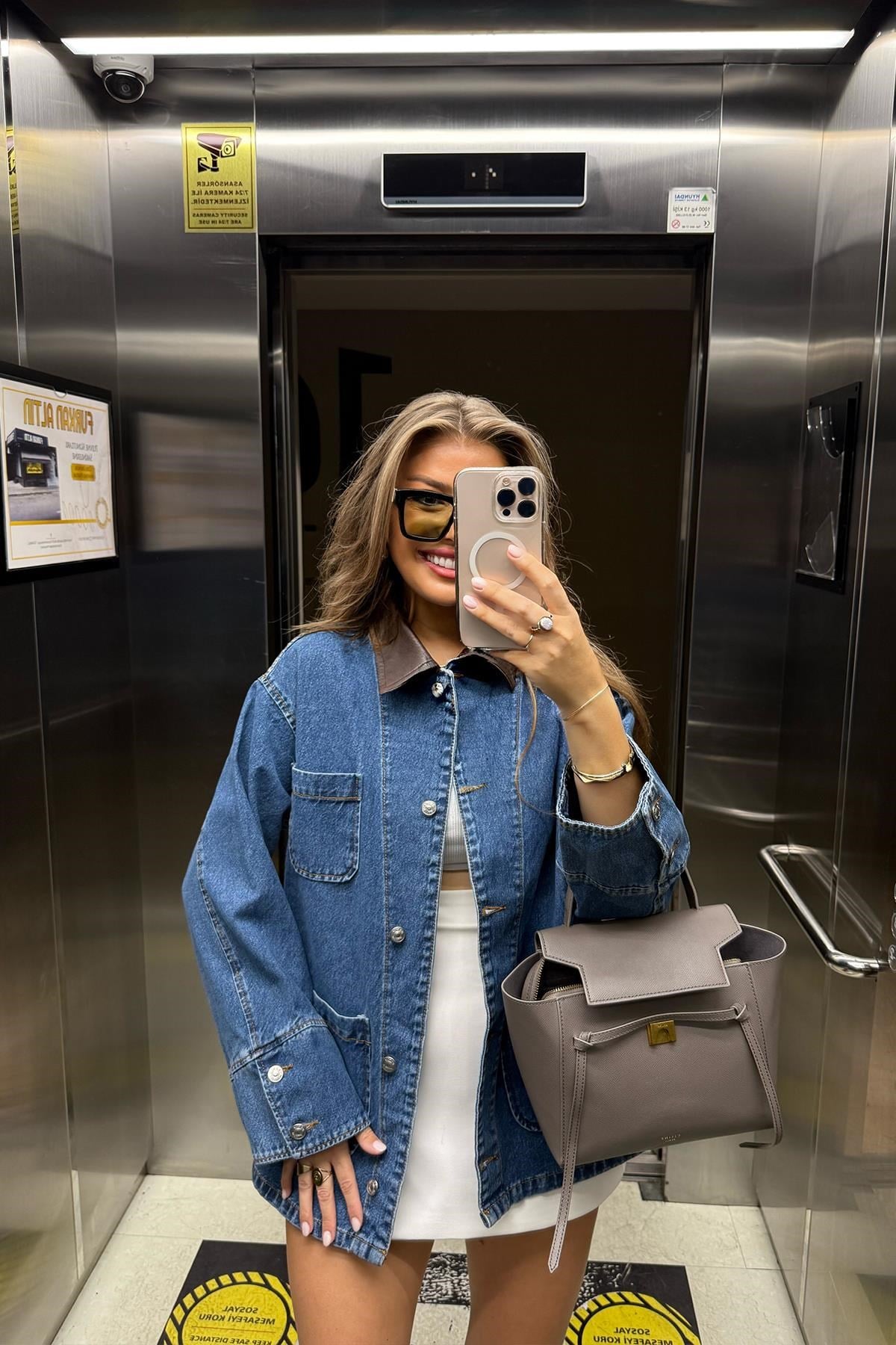 Premium Seri Yakası Deri Tasarım Jean Ceket