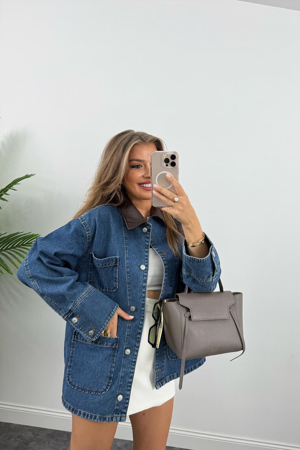 Premium Seri Yakası Deri Tasarım Jean Ceket