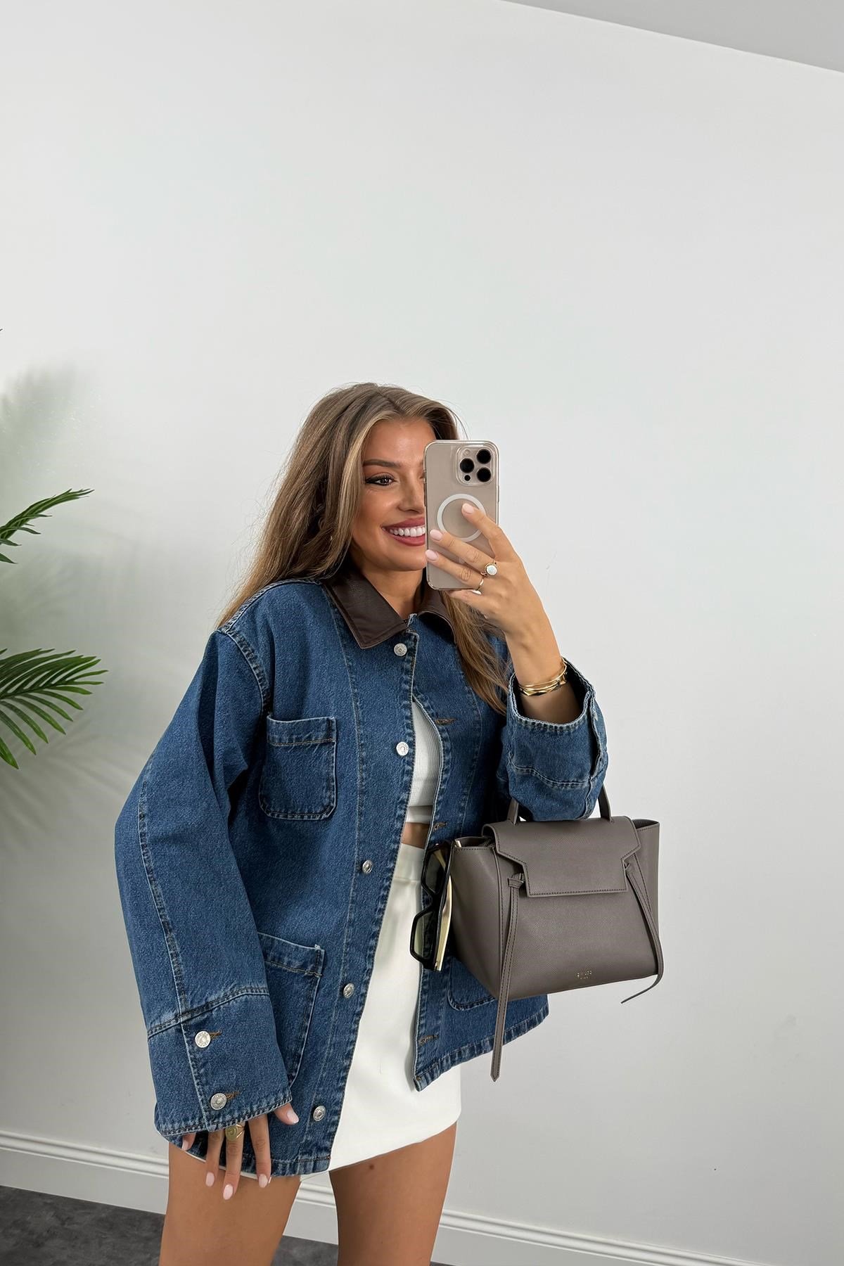 Premium Seri Yakası Deri Tasarım Jean Ceket