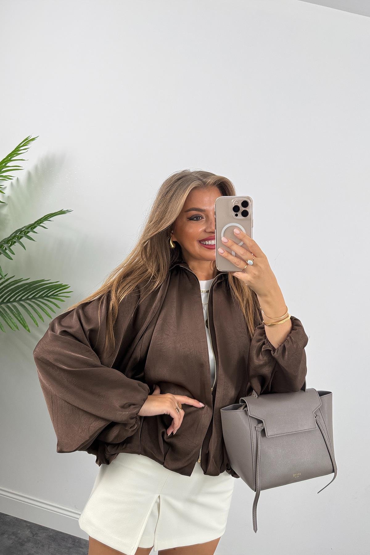 Premium Seri Yarasa Kol Tasarım Saten Bomber Ceket Acı Kahve