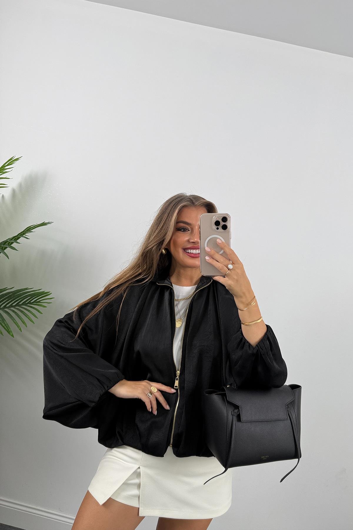 Premium Seri Yarasa Kol Tasarım Saten Bomber Ceket Siyah