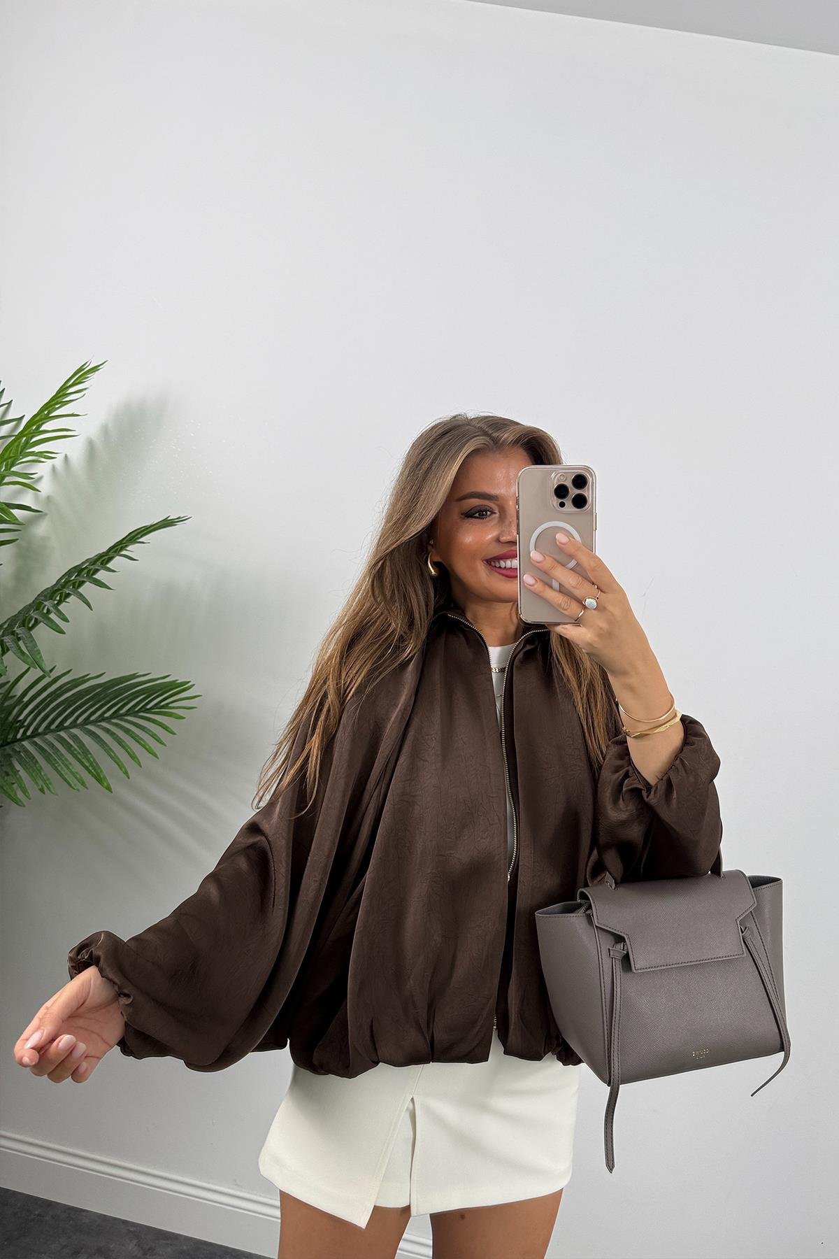 Premium Seri Yarasa Kol Tasarım Saten Bomber Ceket Acı Kahve