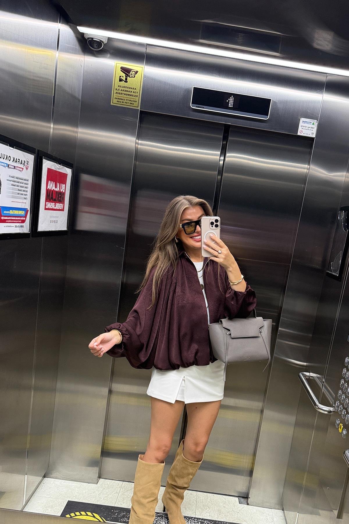 Premium Seri Yarasa Kol Tasarım Saten Bomber Ceket Mürdüm