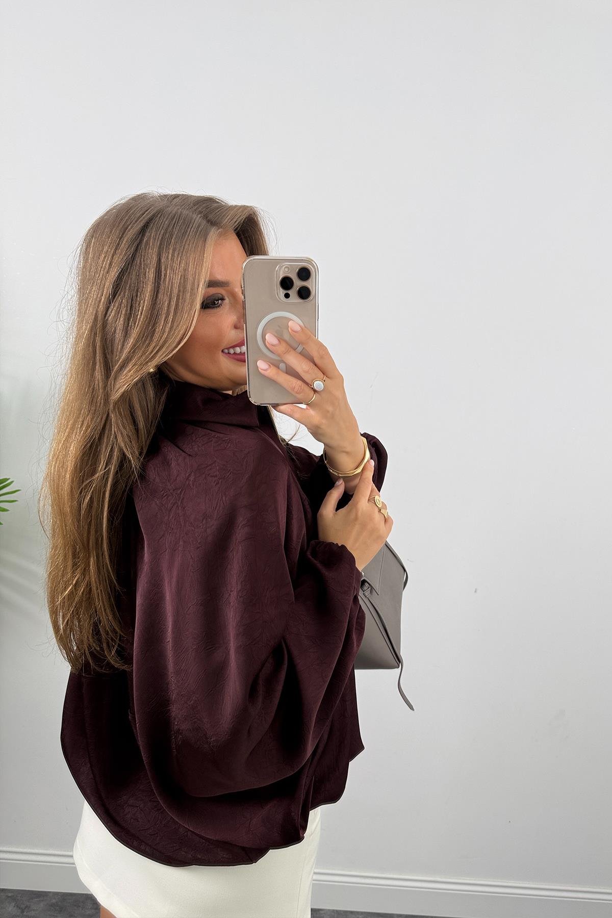 Premium Seri Yarasa Kol Tasarım Saten Bomber Ceket Mürdüm